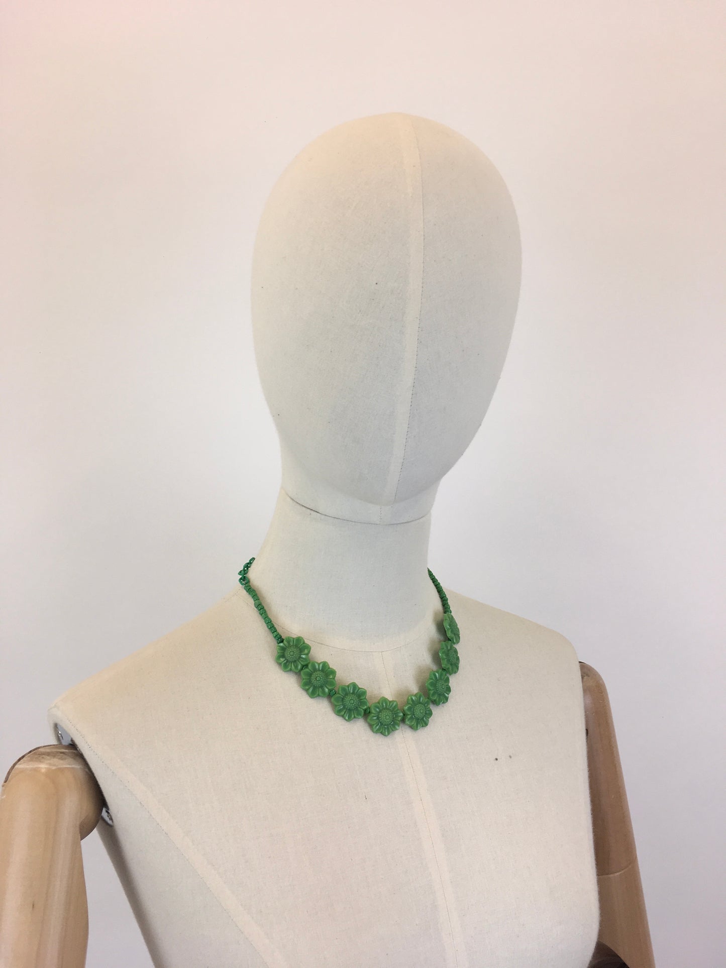 Original 1940’s Green Early Plastic Necklace - With Florals and Beads
