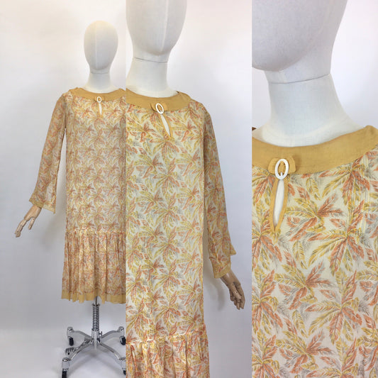 Original 1920’s FABULOUS Cotton Lawn Dress - Flora and Fauna in Buttery Yellows,Soft Oranges and Powdered Greys