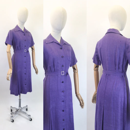 Original 1940’s Fabulous Linen Dress - In A Warm Purple with Stunning Details