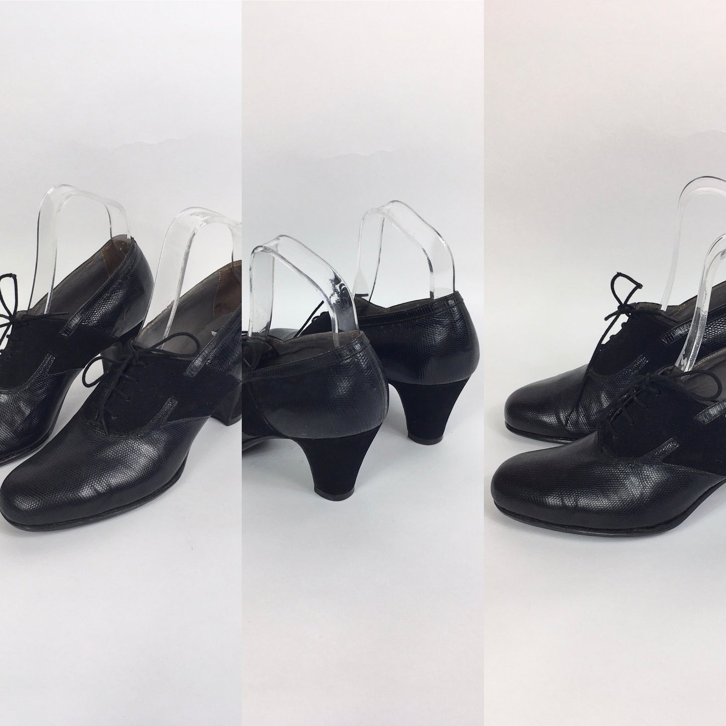 Original 1940’s Black Suede & Leather Heeled Brogues - Stunning Detailing And Shape