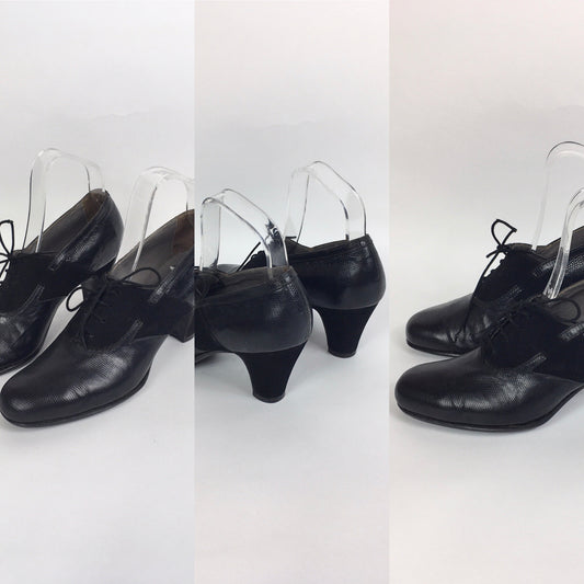 Original 1940’s Black Suede & Leather Heeled Brogues - Stunning Detailing And Shape
