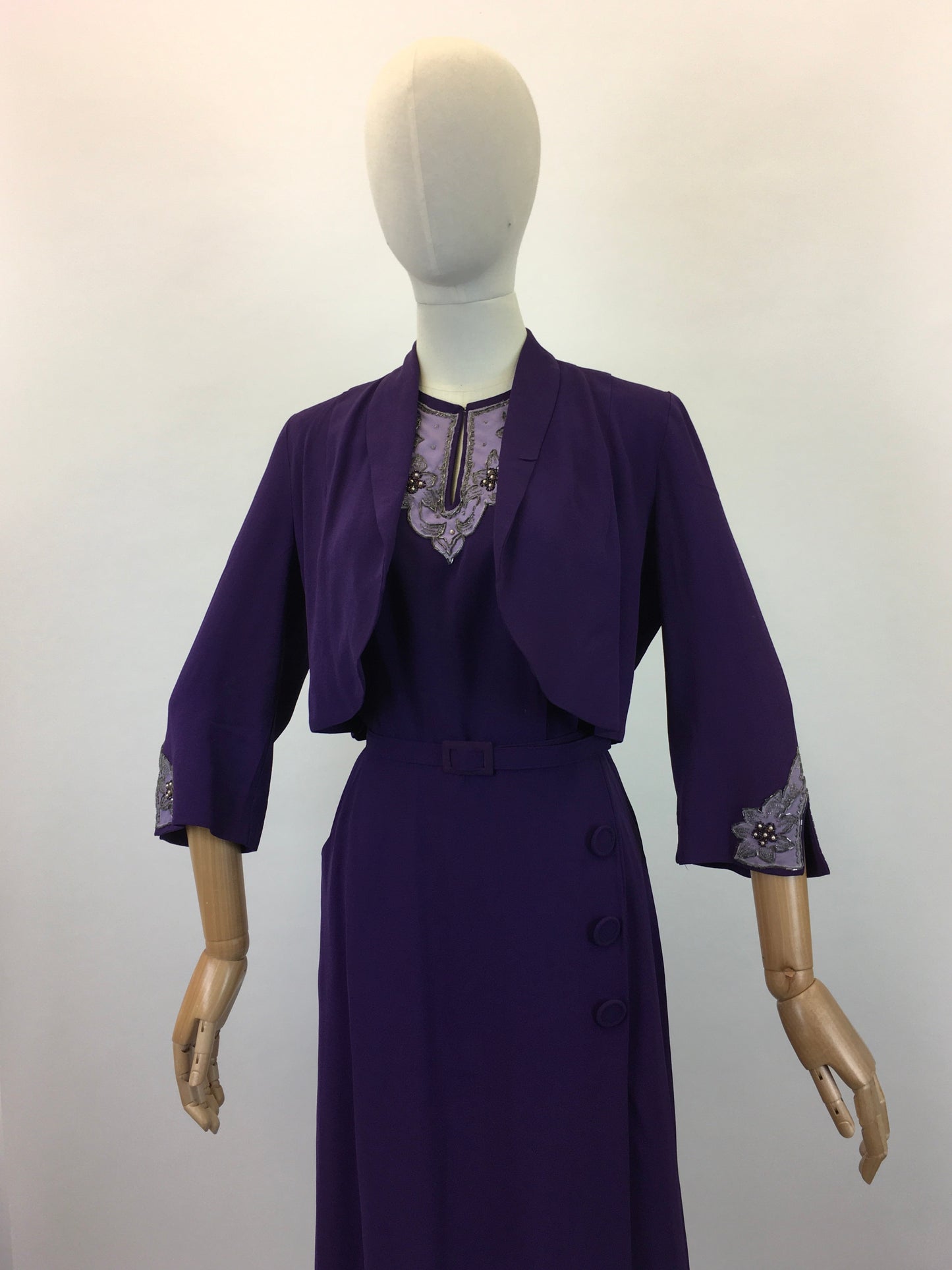 Original 1940's Amazing 3pc Set In Cadbury Purple - With Sensational Beadwork Detailing