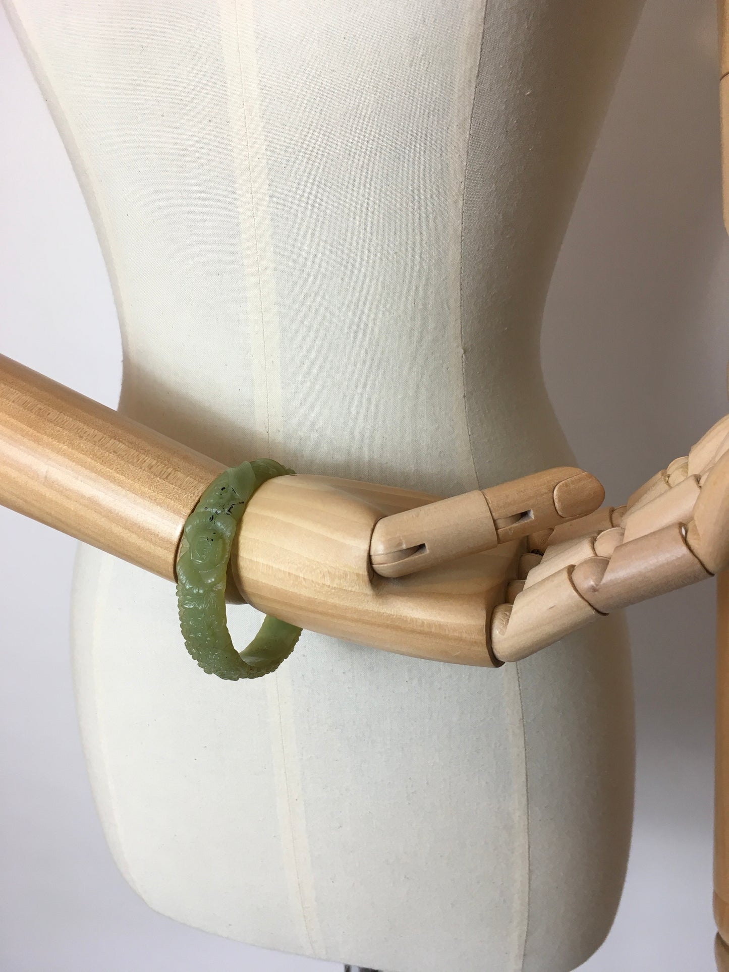 Original 1930’s Carved Celluloid Bangle In Soft Green - Festival Of Vintage Fashion Show Exclusive