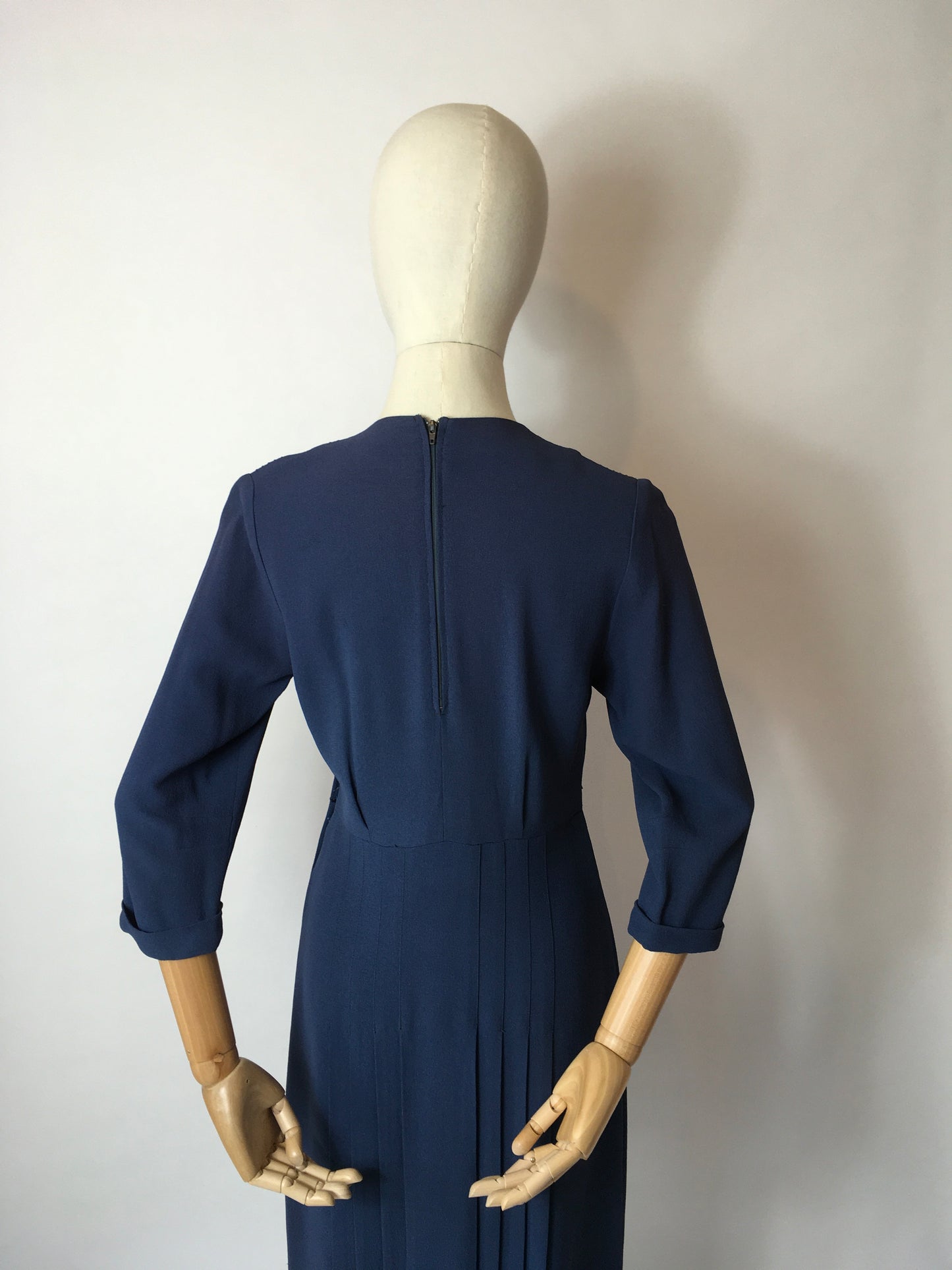 Original 1940’s Airforce Blue Crepe Day Dress - Lovely Criss Cross Detailing to the Bodice