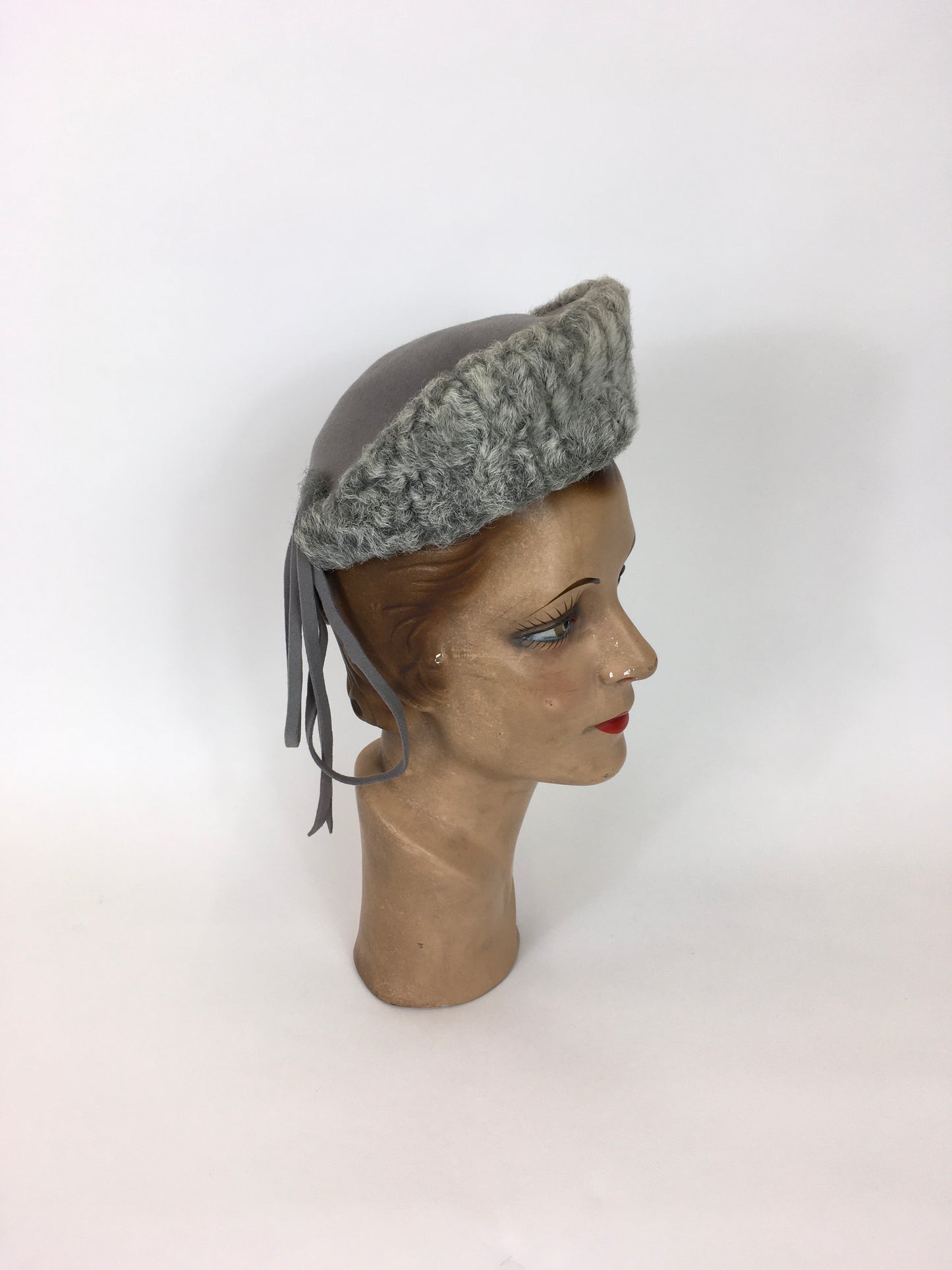 Original 1940s Beautiful Tilt Hat - In A Soft Icy Grey With Grey Astrakhan Trim