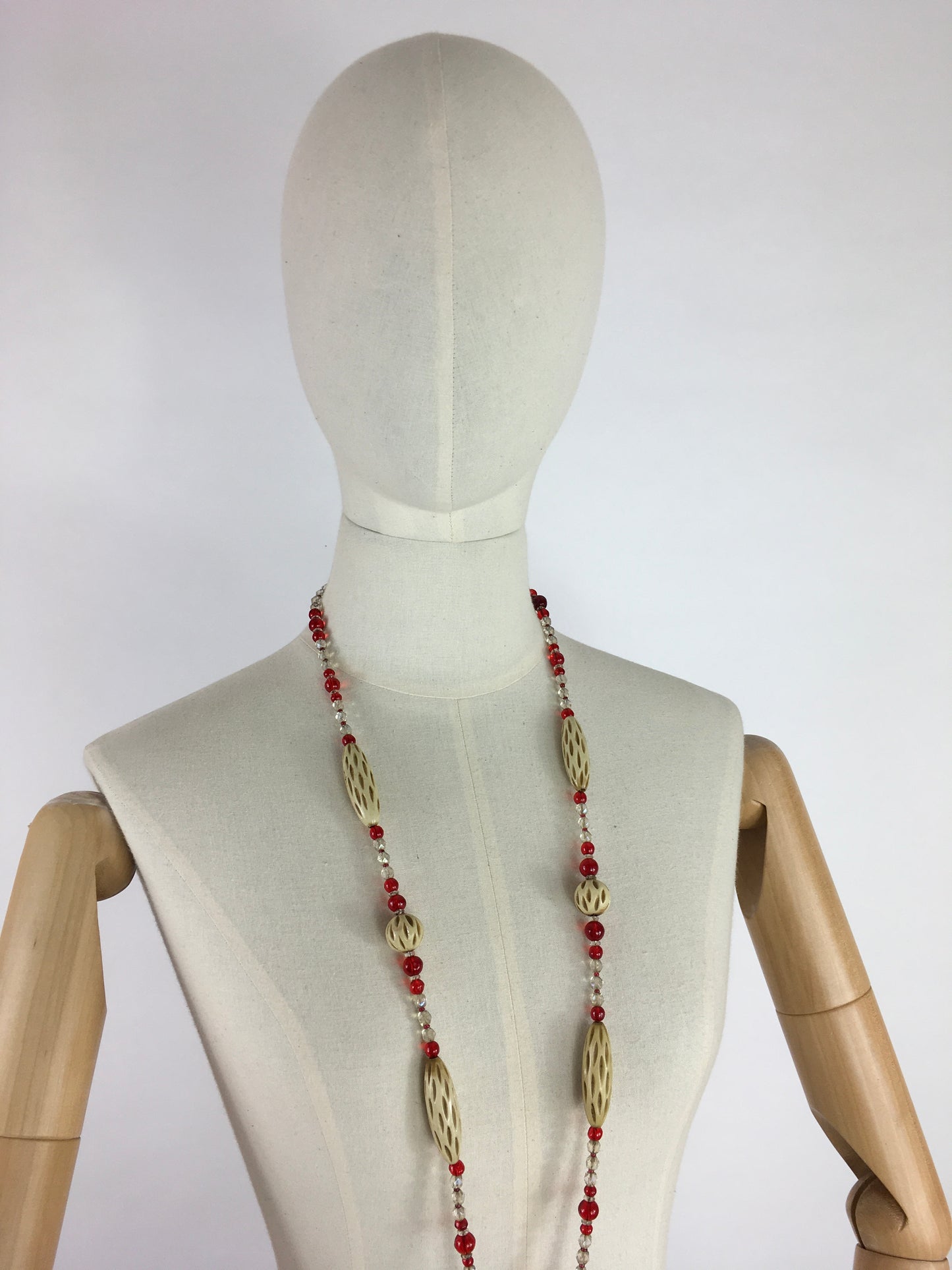 Original 1930s Long Line Necklace - In a Contrast Glass Bead and Celluloid in Reds, Clear and Soft Cream