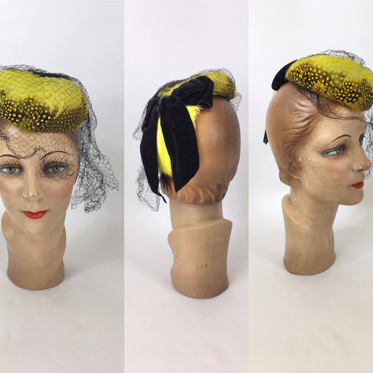 Original 1940’s Fabulous Bright Yellow & Black Feather Topper Hat - With Velvet Bow & Veiling