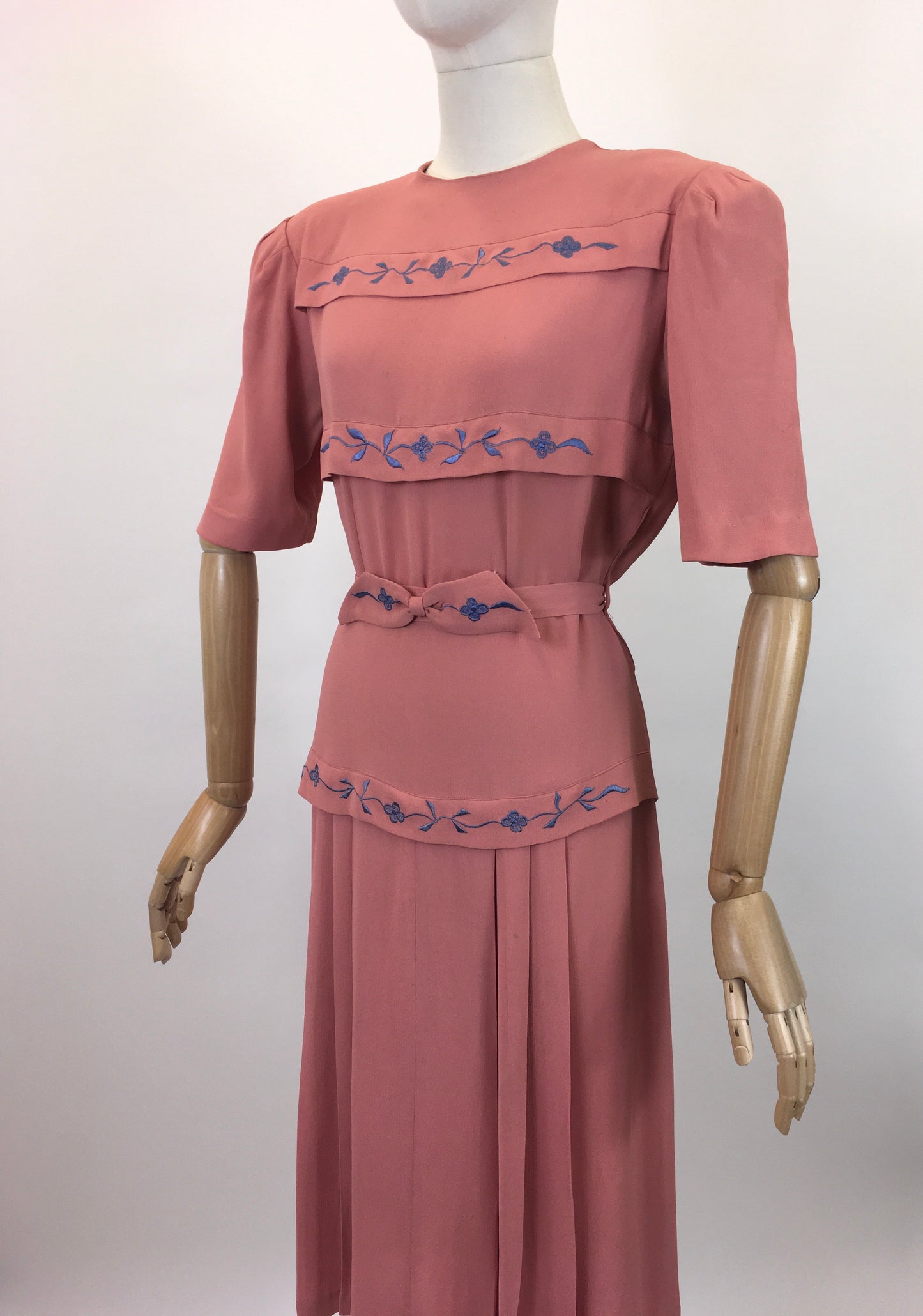 Original 1940's Stunning Blush Crepe Dress with Embroidered Details in Forget Me Not Blue - ' A Frederick Gown Label'