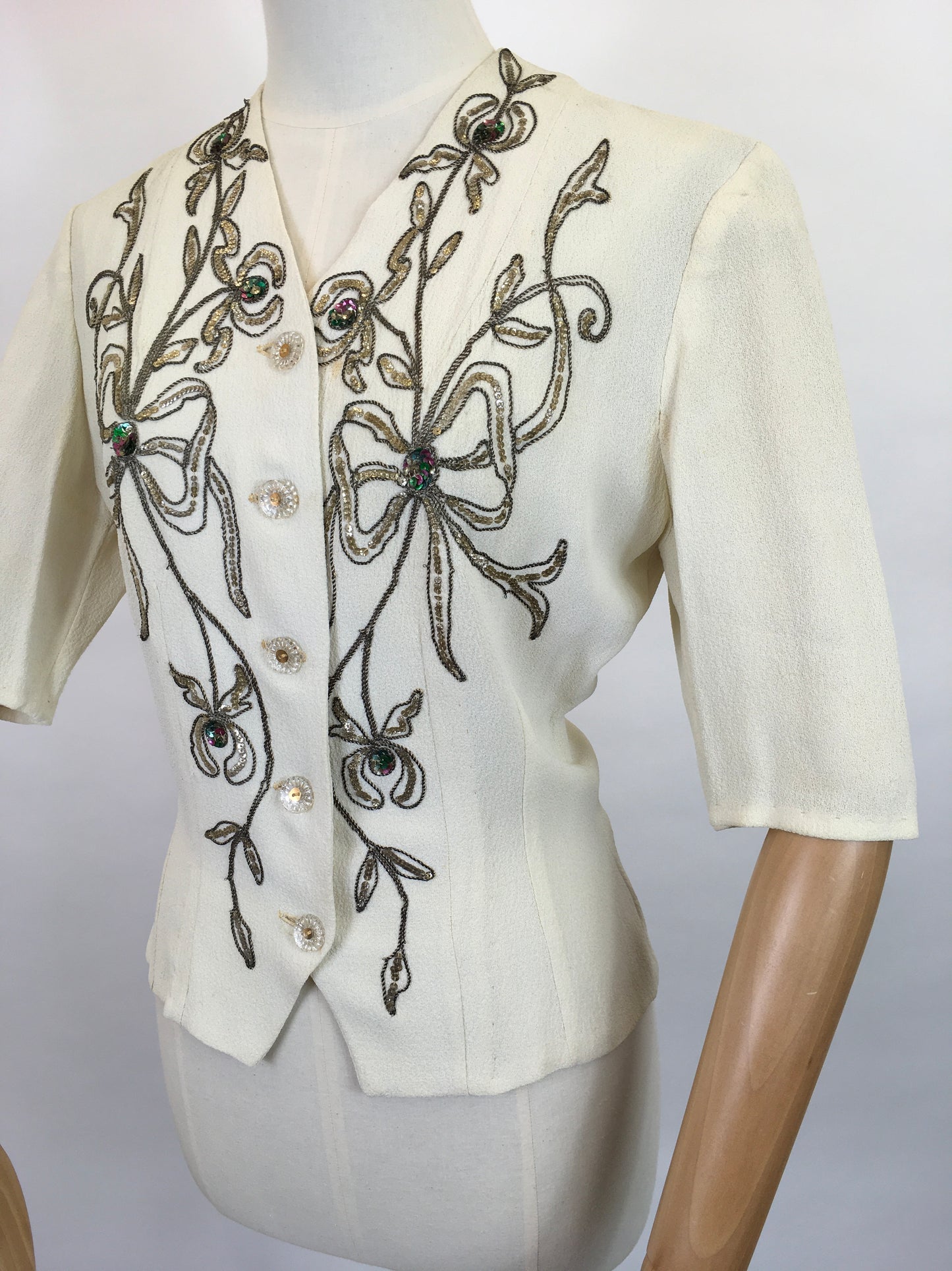 Original 1940s STUNNING Ivory Crepe Blouse - With Beaded And Sequinned Embellishment