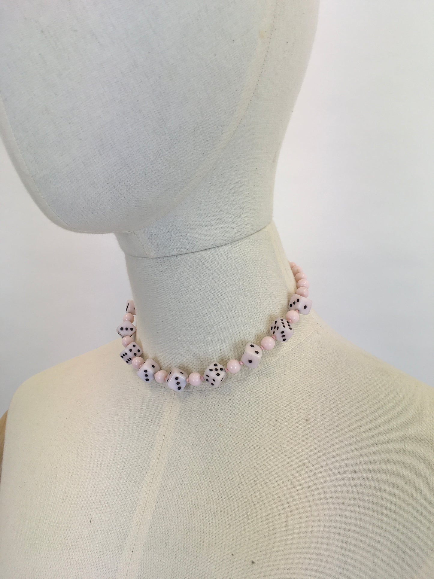 Original 1950s Pale Pink Novelty Dice Necklace - Made From Milk Bottle Glass