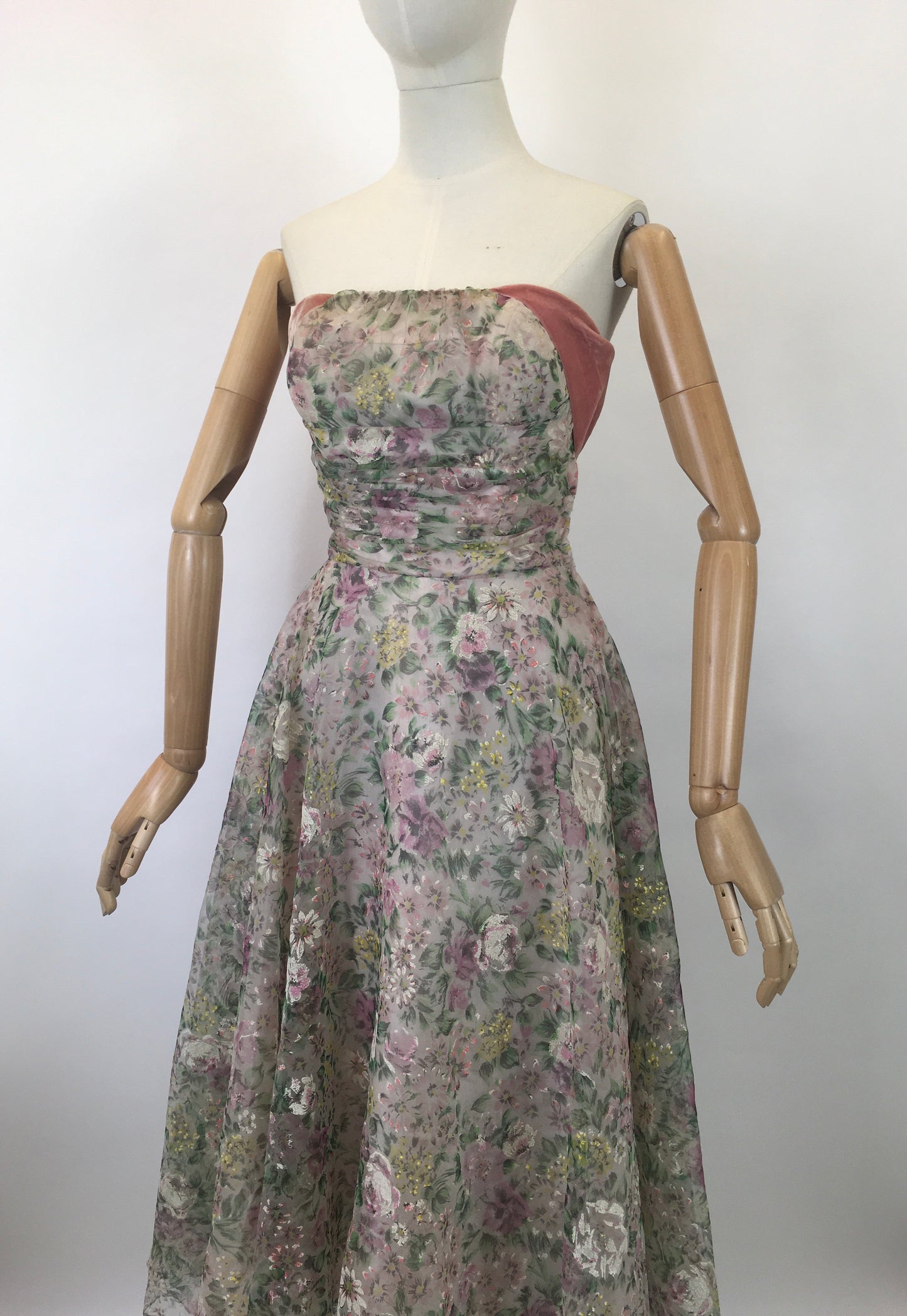 Original 1950's SENSATIONAL Floral Dress - By ' Sambo Fashions' with Boning and Velvet Trim