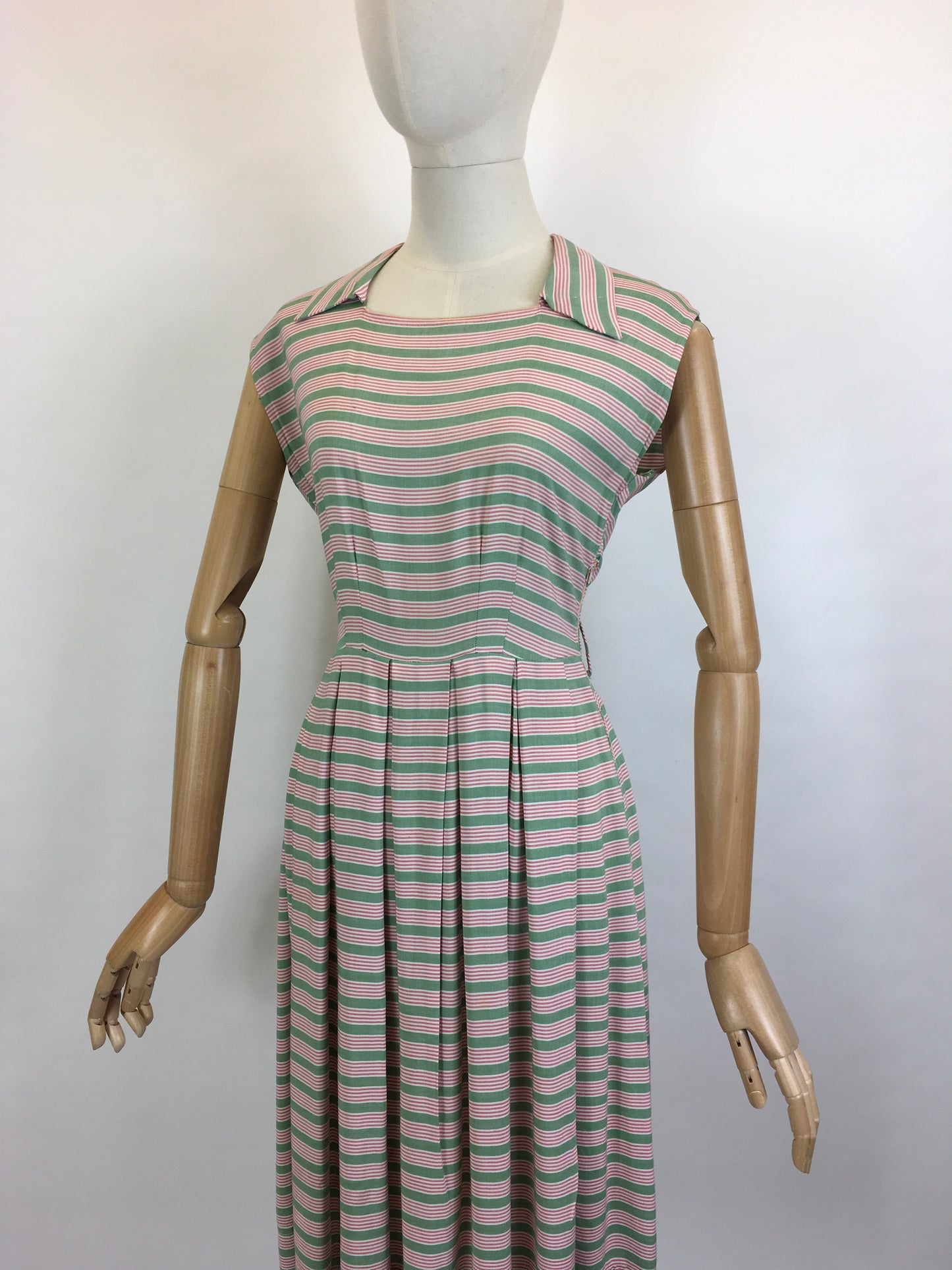 Original Late 1940’s Early 1950’s Cute Cotton Day Dress - In A Soft Cotton Stripe in Sage Green & Powdered Rose