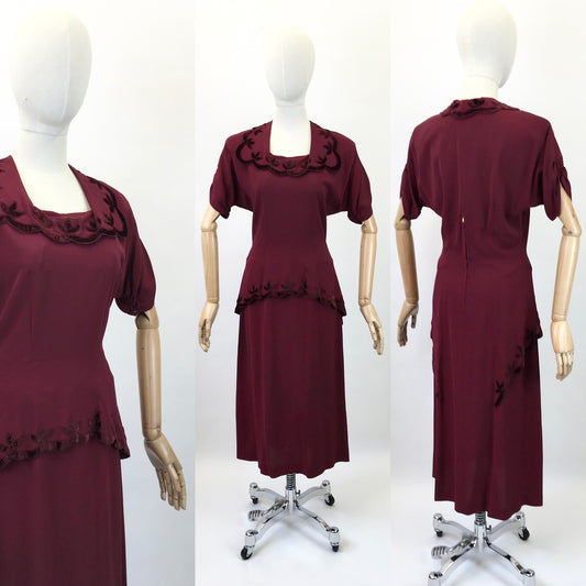 Original 1940's Sensational Cocktail Dress ' Styled By Adrian' - In Deep Wine with Velvet Trims