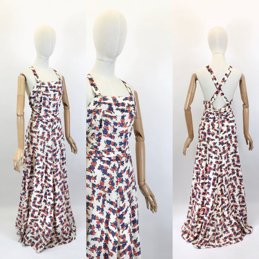 Original Late 1930’s Stunning Evening Gown - Navy & Coral Red Floral Rayon