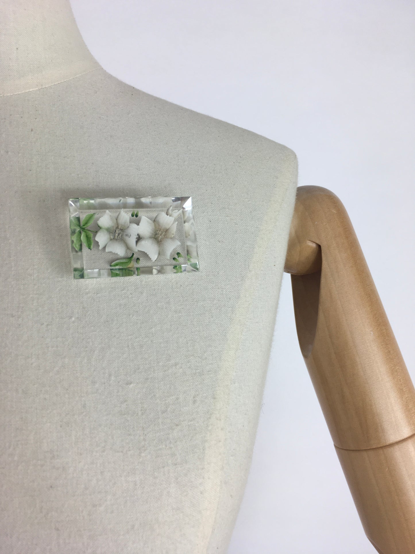 Original 1940’s Rectangle Lucite Brooch - Bevelled Edge with White And Green Floral Design