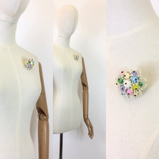 Original 1950’s Plastic and Beaded Brooch - In Pastel Pops of Pink, Green, Purple, Blue and White