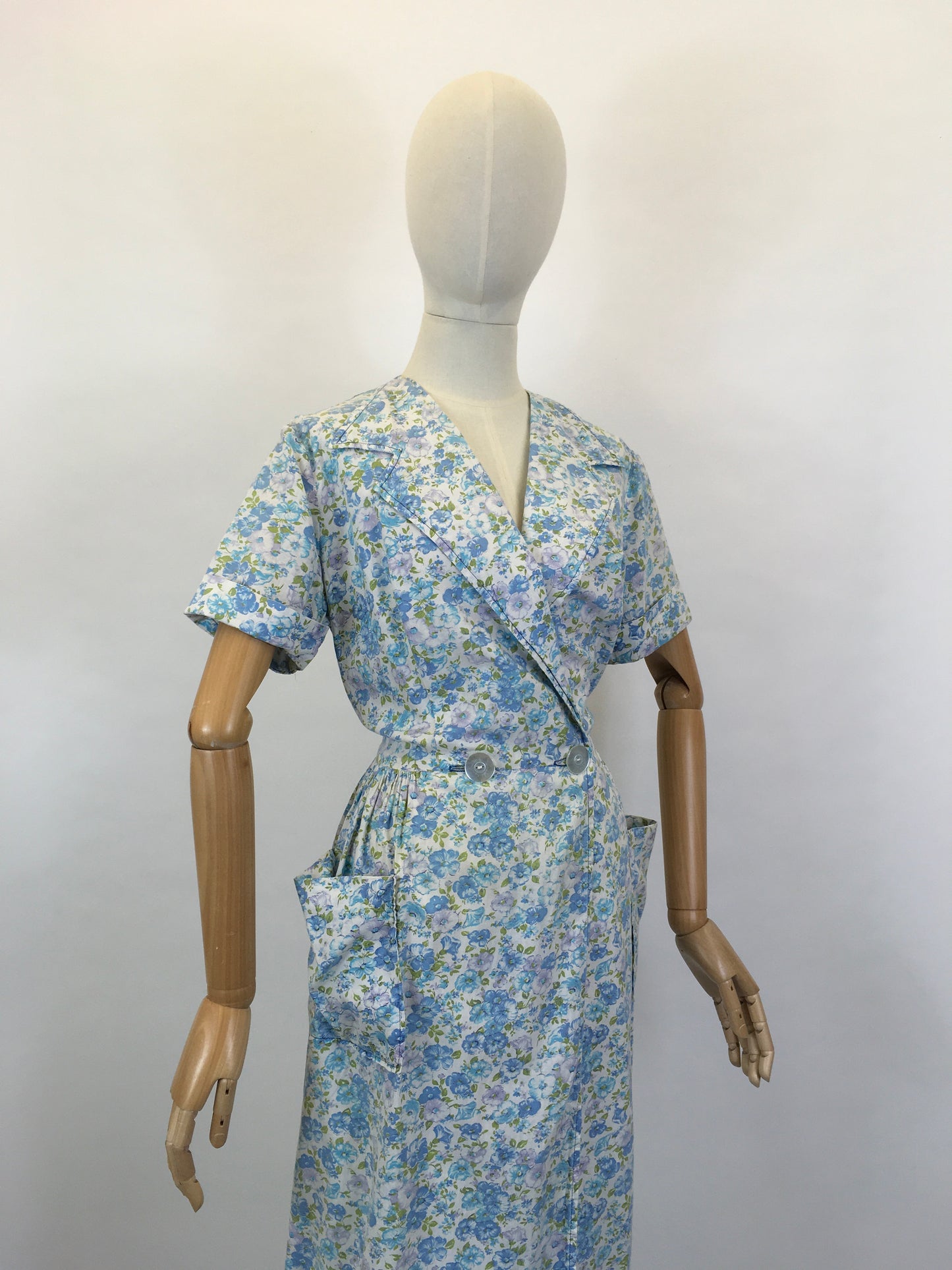 Original 1950’s Floral Cotton Wrap Dress - In A Blue, Green & White Colour Pallet