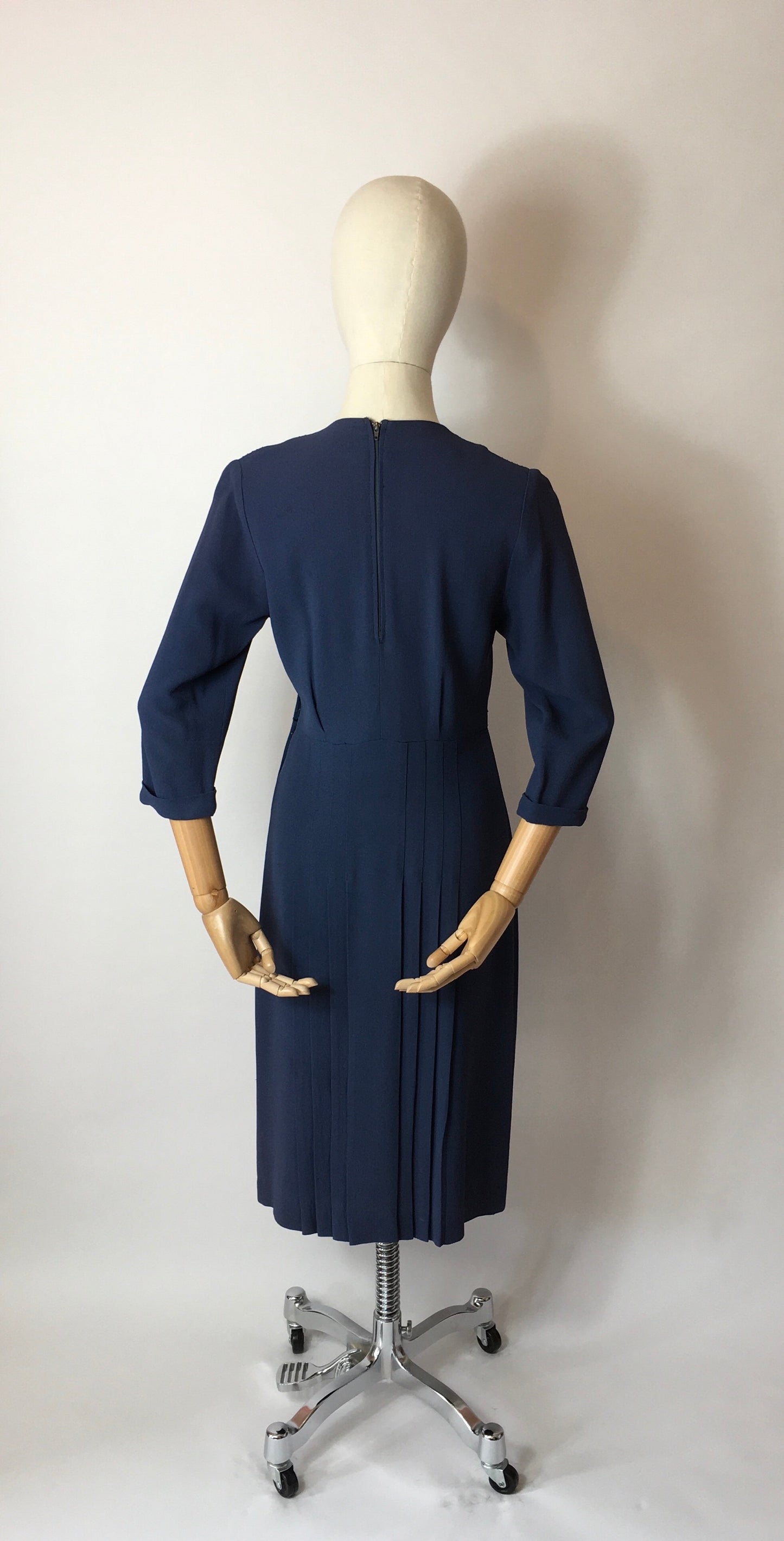 Original 1940’s Airforce Blue Crepe Day Dress - Lovely Criss Cross Detailing to the Bodice