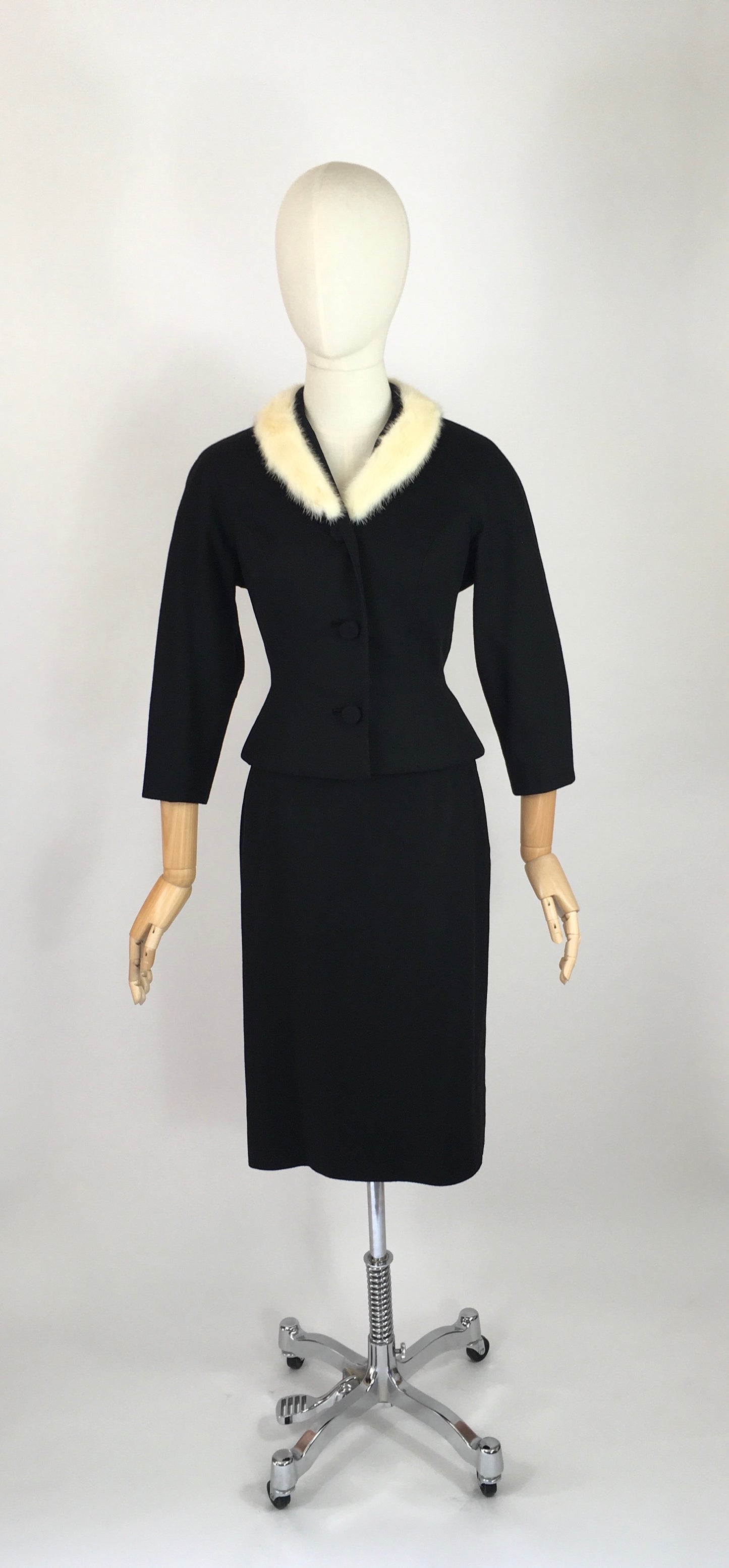 Original Early 1950s 2pc Suit with an Amazing Silhouette  - In a Lovely Black Wool with Contrast White Mink Fur Trim