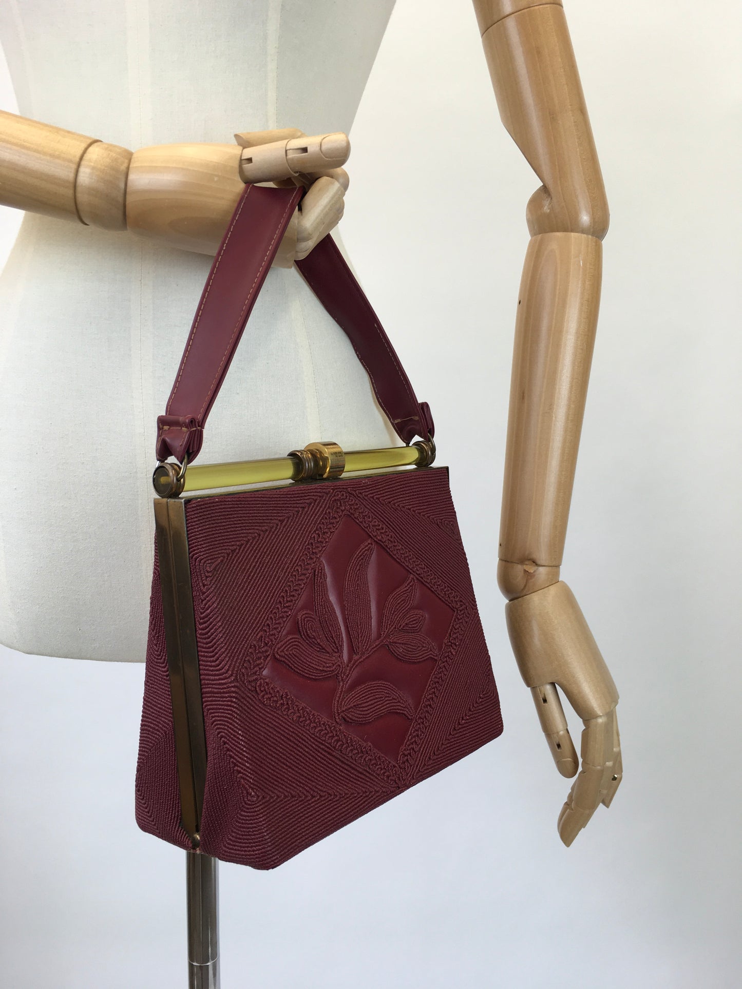 Original 1940's Sensational Vinyl Embossed Corde Handbag - In A Rich Burgundy