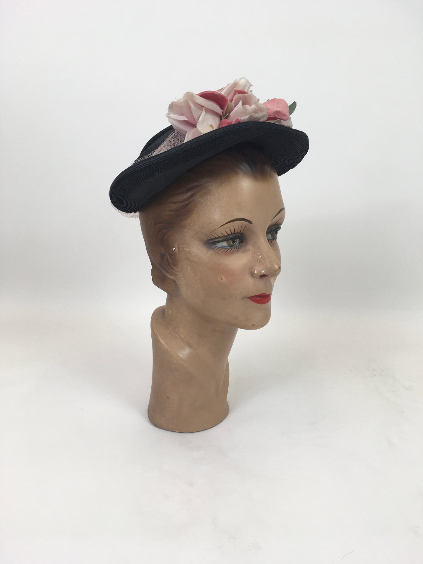 Original 1930's / 1940's Open Crown Hat - In Black with Original Floral Velvet Millinery Adornments