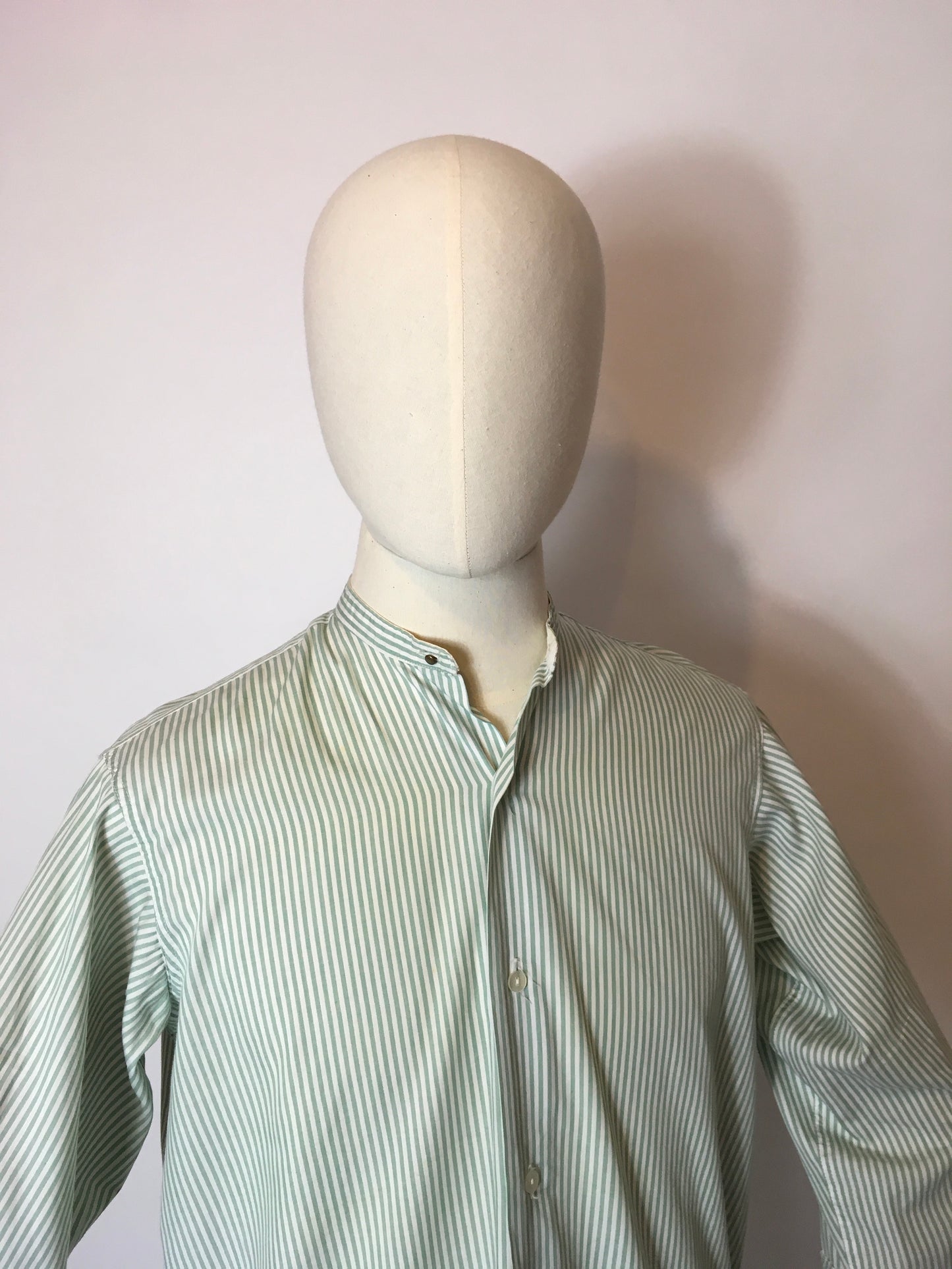 Original Gents Collarless Shirt with Double Cuff - In a Lovely Green and White Stripe