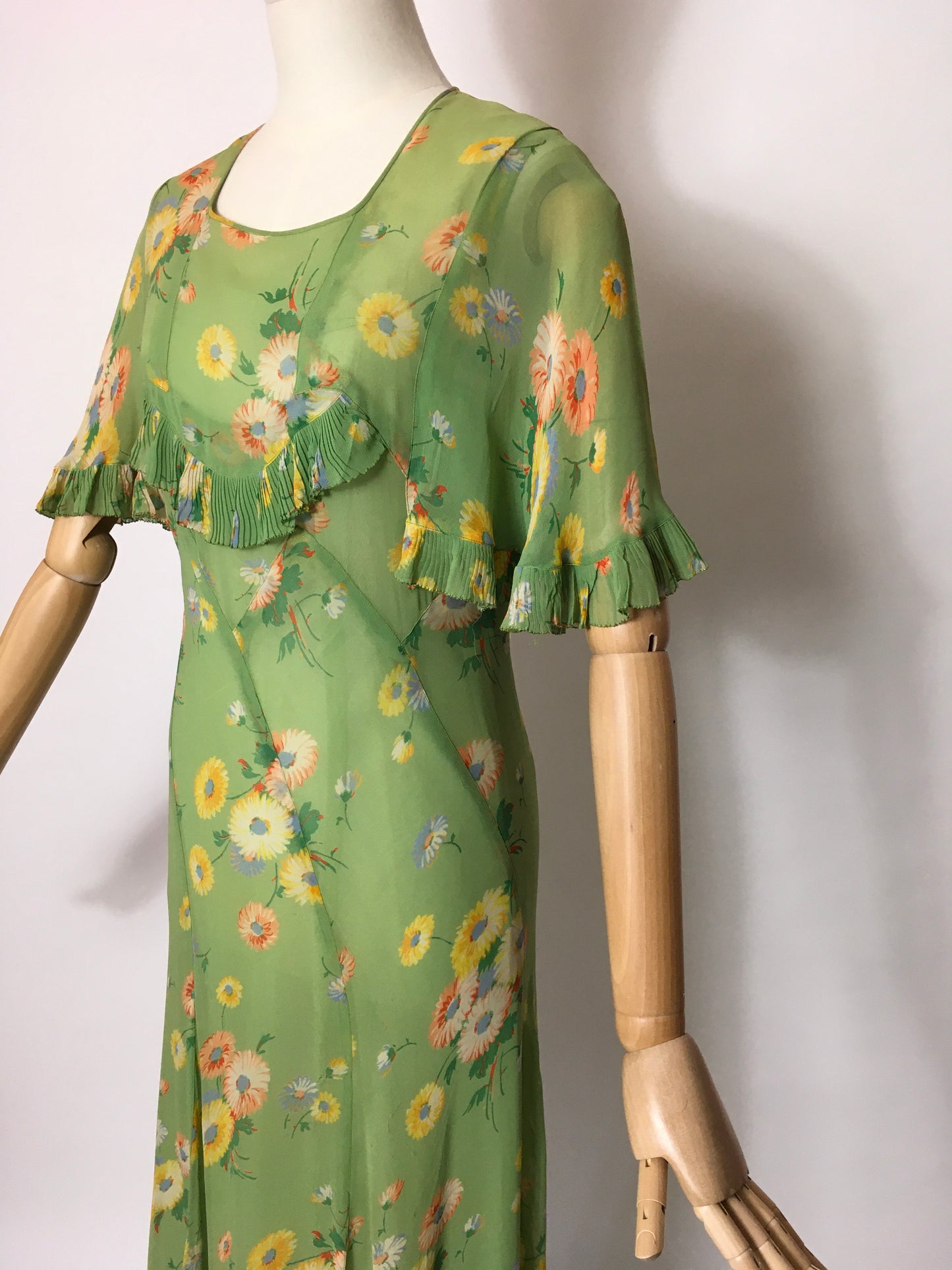 Original 1930’s Bias Cut Gown In An Exquisite Colour Pallet of Deco Green, soft blues, oranges and yellows - A Festival Of Vintage Fashion Show Exclusive