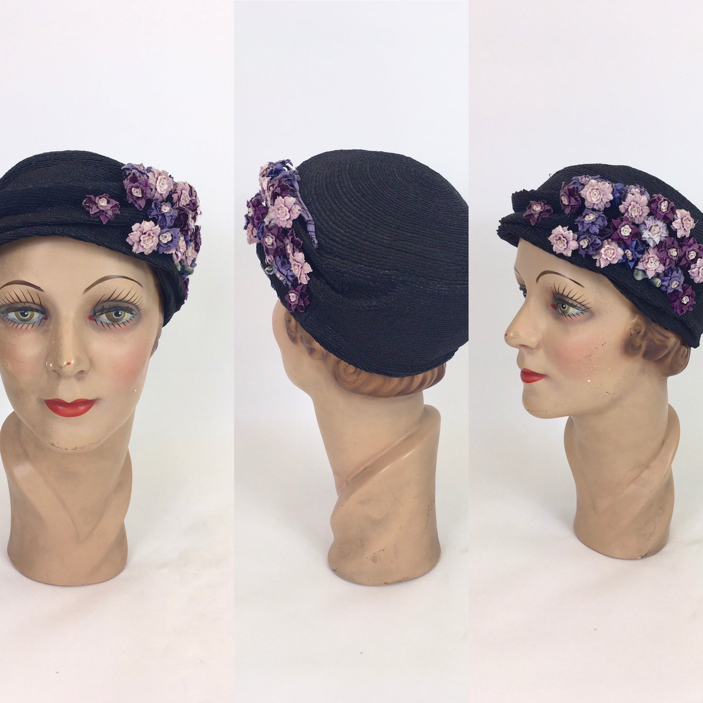 Original 1930’s Amazing Black Straw Hat - Adorned with Soft Mauve, Rich Purples and Violet Velvet Flora