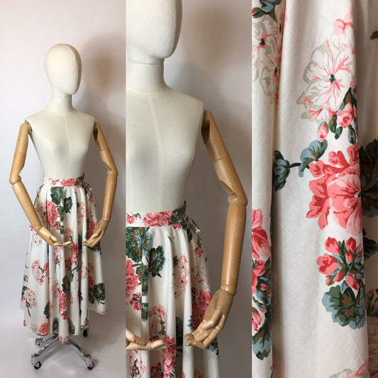 Original 1950s Darling Floral Cotton Sateen Skirt - Lovely Floral in Soft Pinks, rose pinks and warm greens