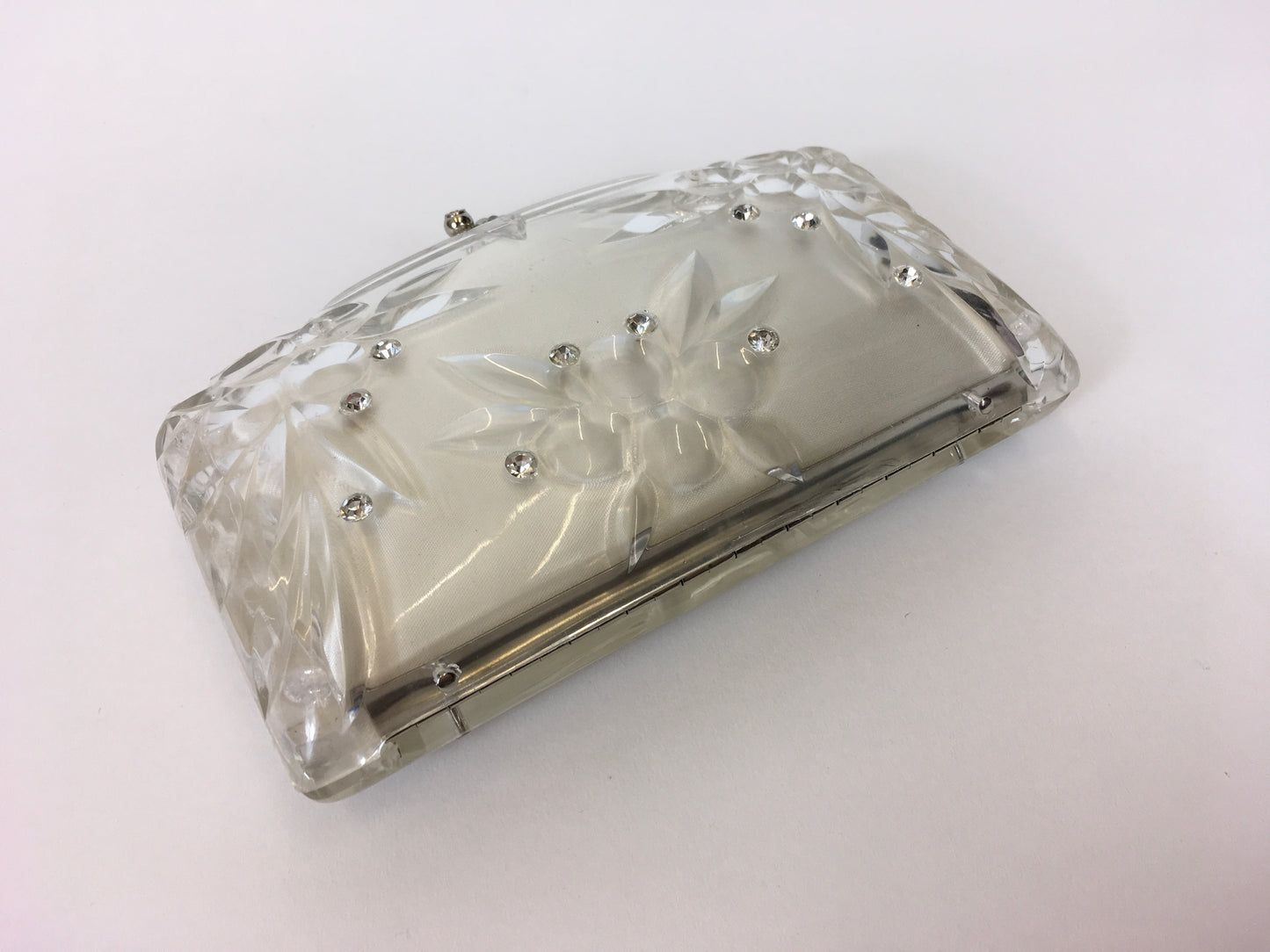 Original 1950’s Clear Lucite Clutch Bag - With Carved Floral And Rhinestone Embellishments