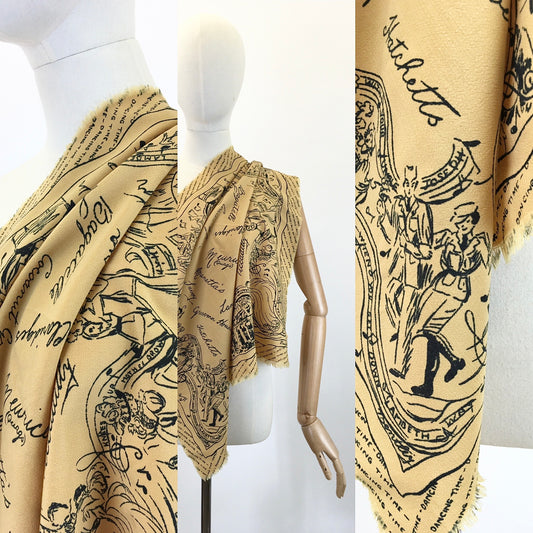 Original 1940's RARE Wartime Dance ' By Roy Thirkell' Scarf - In A Golden Yellow With Black Detailing