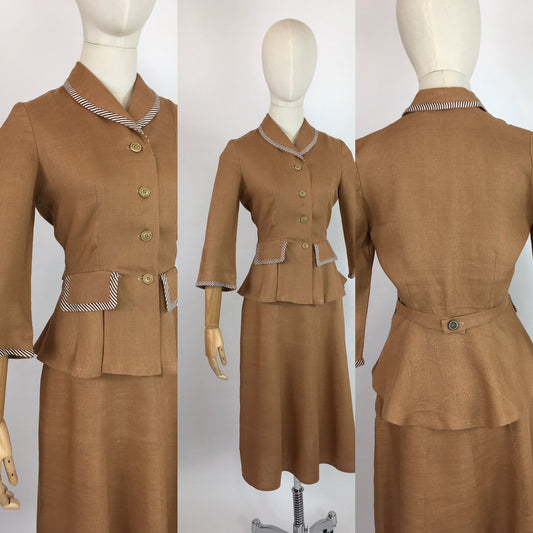 Original 1940’s 2 Piece Suit - In a Beautiful Soft Caramel Linen Colour With Contrast Stripe Detailing