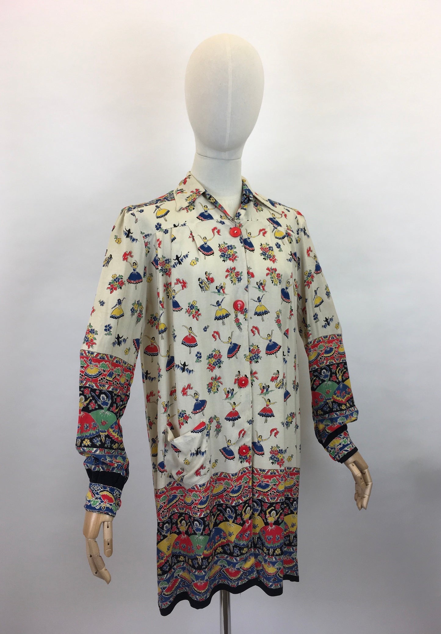 Original 1940s CC41 St. Michael Novelty Print Smock - In Fabulous Dancer Print in Bright Primary Colours
