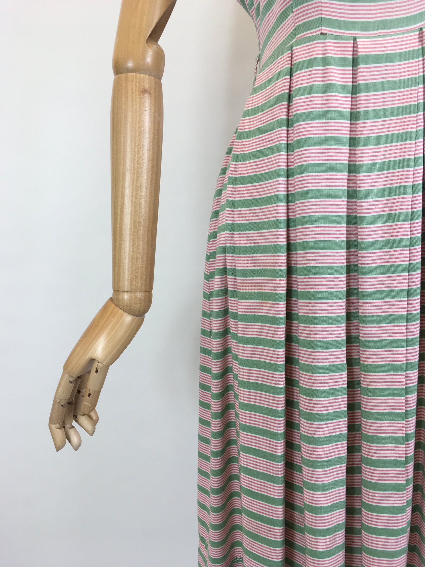 Original Late 1940’s Early 1950’s Cute Cotton Day Dress - In A Soft Cotton Stripe in Sage Green & Powdered Rose