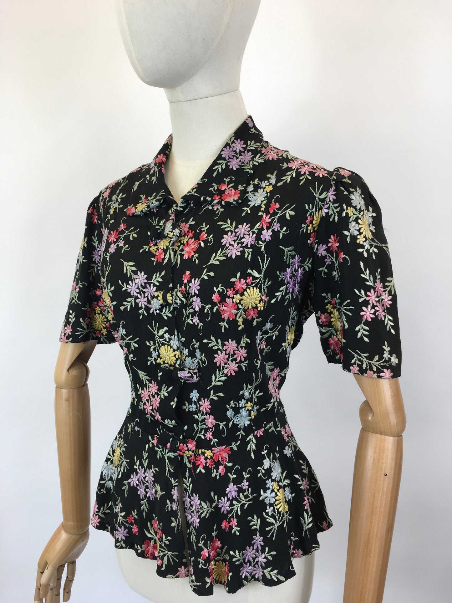 Original 1930’s Black Crepe Embroidered Blouse with Bows - In A Wild Flower Meadow Colour Pallet