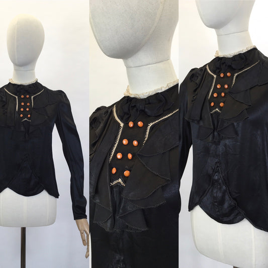 Original 1930’s Black Silk Blouse - With Stunning Details