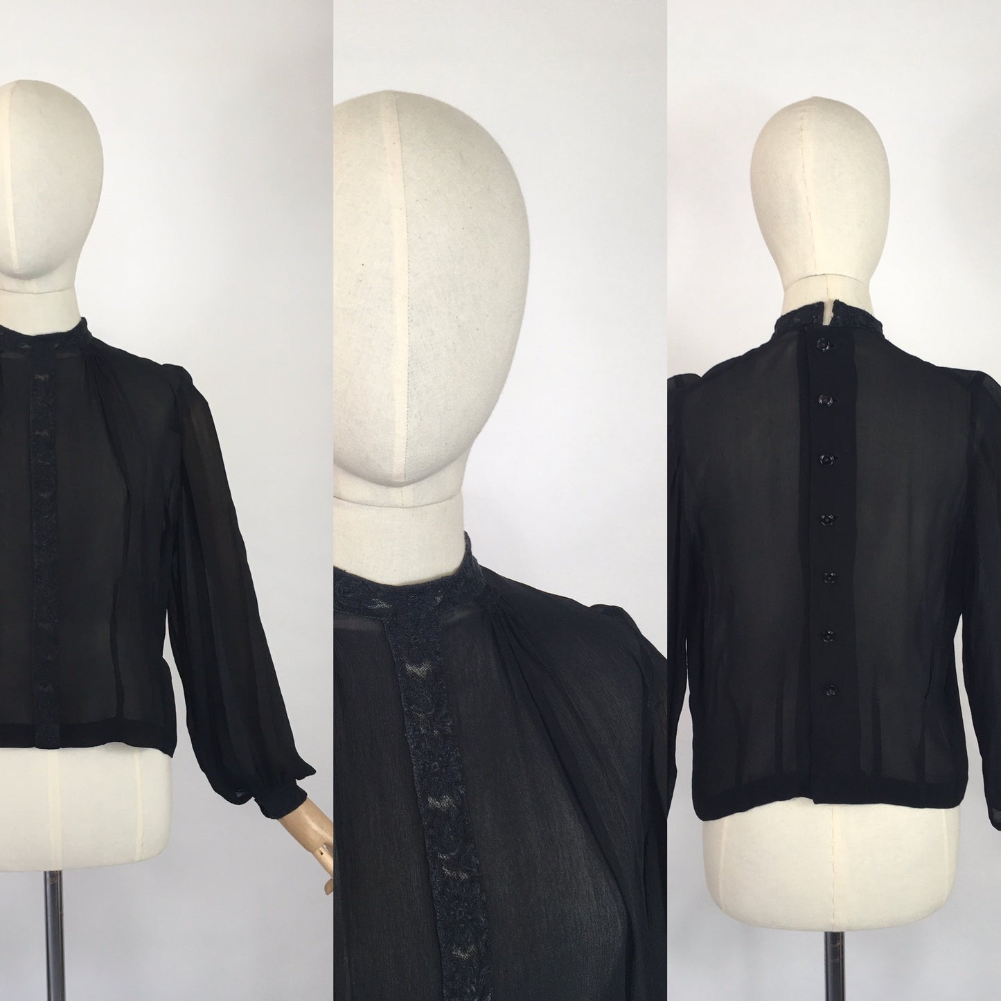 Original 1940’s Darling Sheer Black Blouse - With Beautiful Contrast Lace Detailing