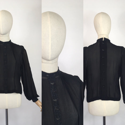 Original 1940’s Darling Sheer Black Blouse - With Beautiful Contrast Lace Detailing