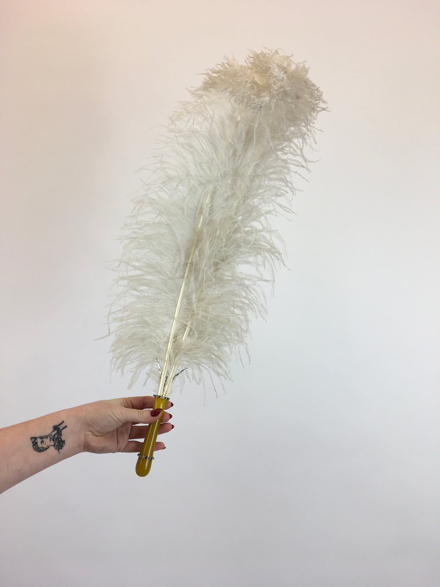 Original 1920's Fabulous Single Feather Plume with Encrusted Early Plastic Handle - Worn in 1926 To a Brides Evening Celebration