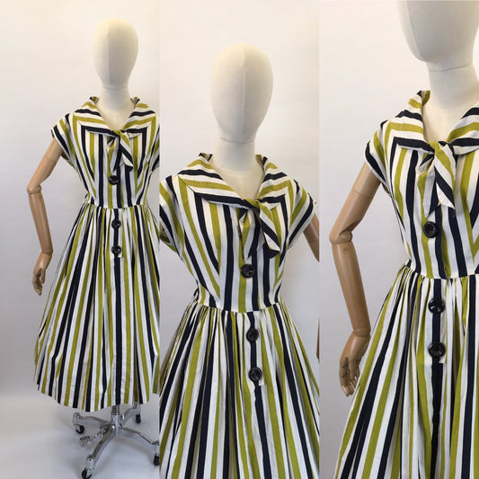 Original 1950s Fun Day Dress - Made From a Lovely Black, White and Chartreuse Stripe Cotton