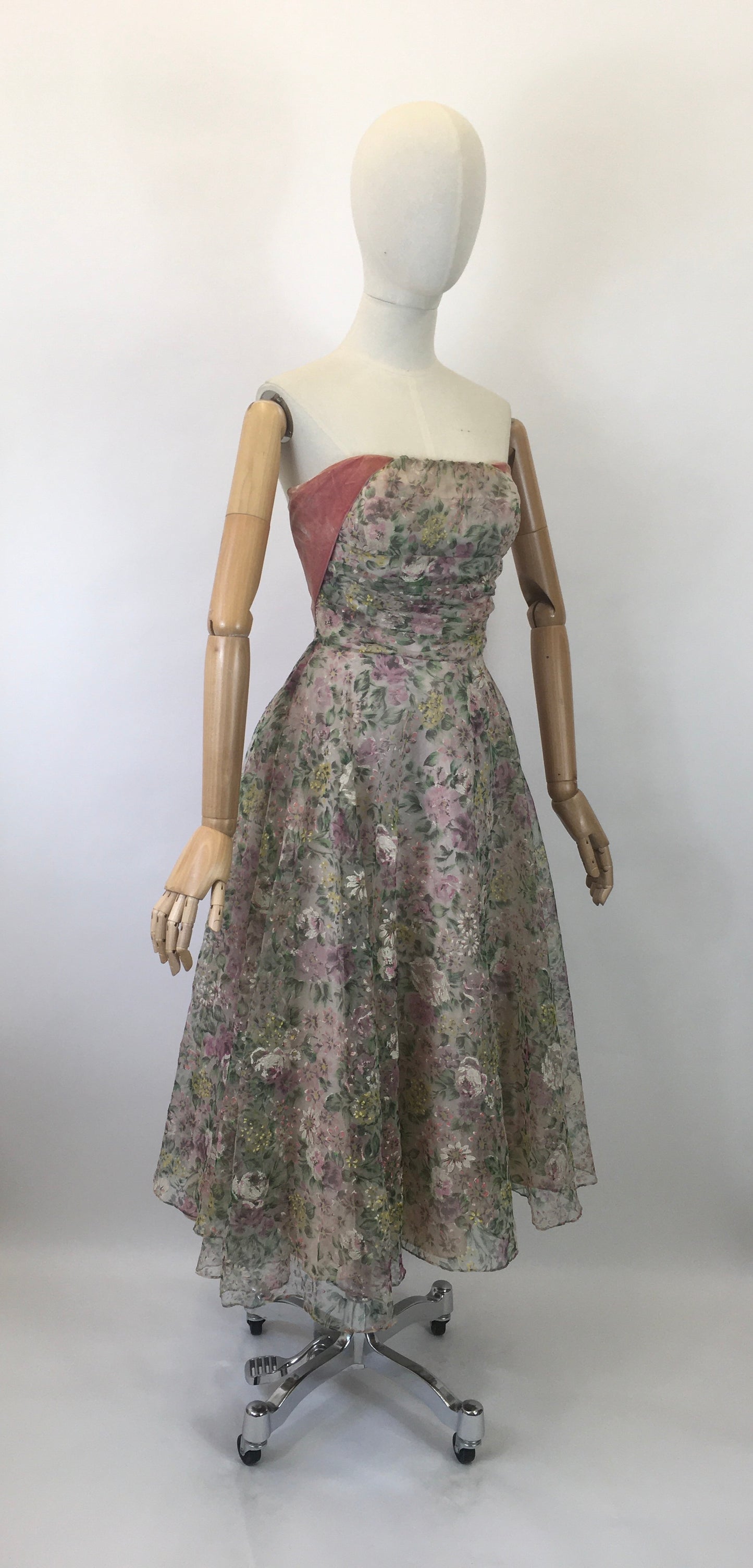 Original 1950's SENSATIONAL Floral Dress - By ' Sambo Fashions' with Boning and Velvet Trim