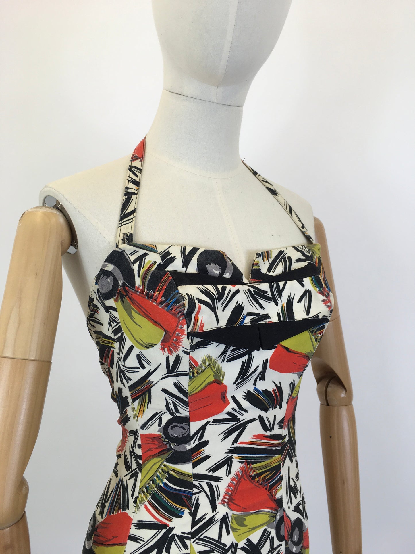 Original 1940’s Bathing Costume in A Fabulous Print - In Painted Black, Chartruese, Orange, White and Teal