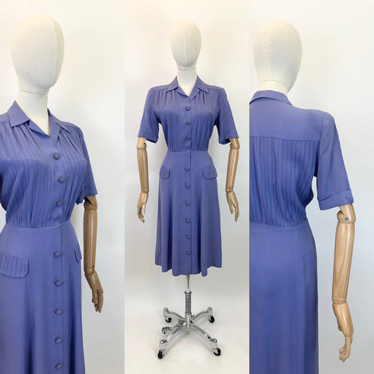 Original 1940's Darling Day Dress - With Delightful Pleatwork in Periwinkle