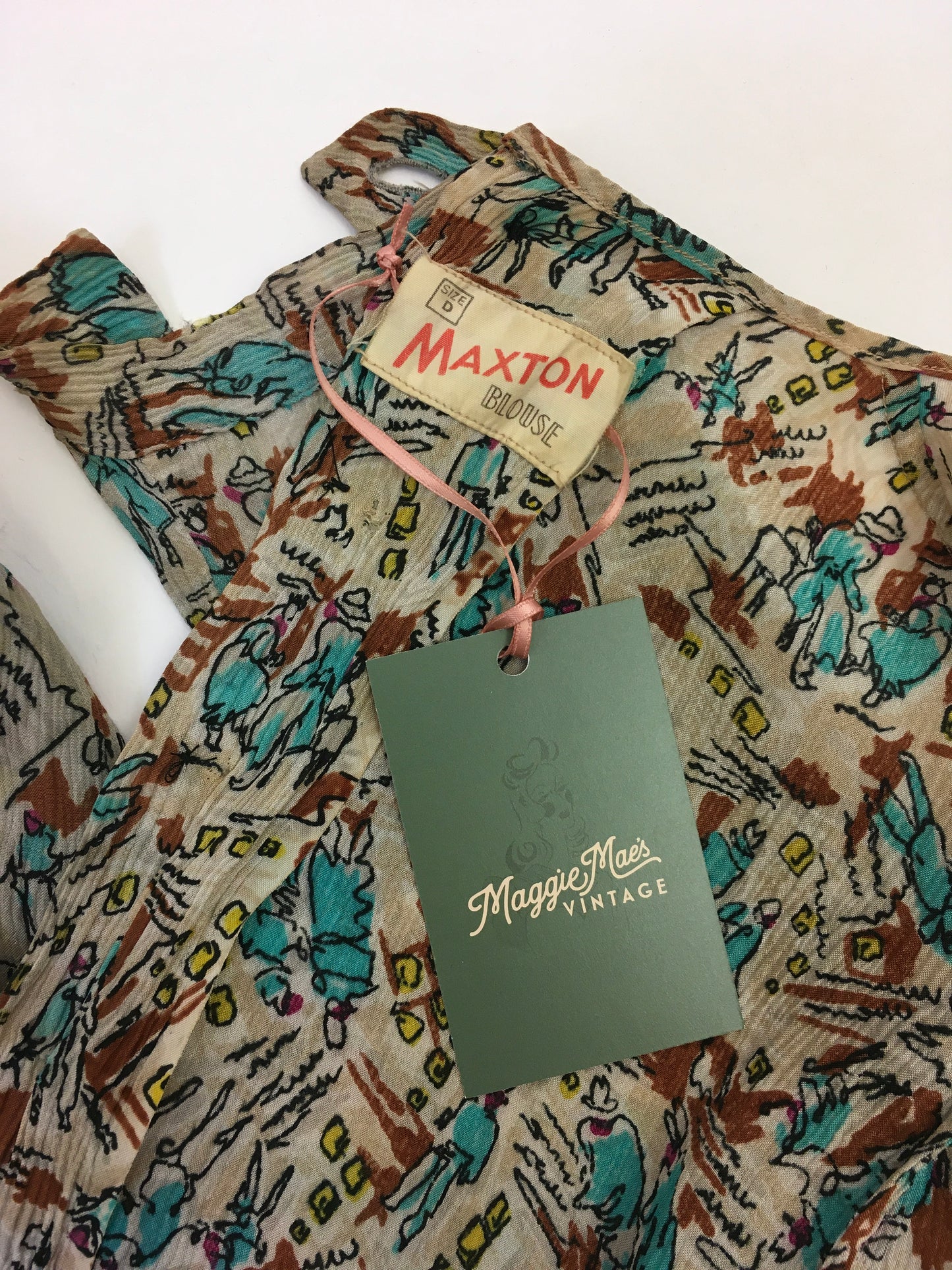 Original 1940’s ‘ Maxton’ Novelty Print Crepe Blouse - Featuring People, Buildings and Scribbles