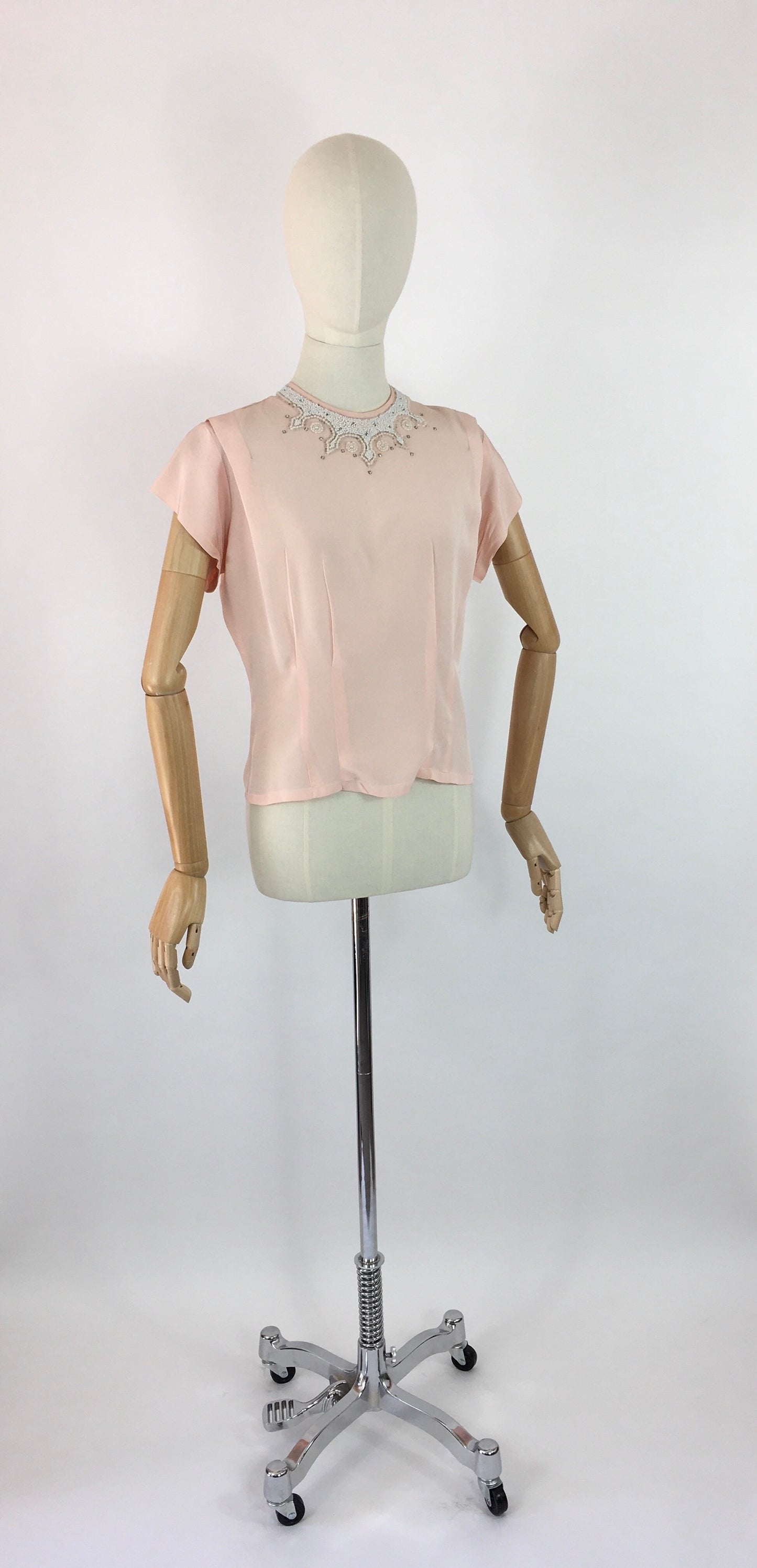 Original 1940s Soft Pink Blouse - With Beautiful Beaded Yoke Detailing