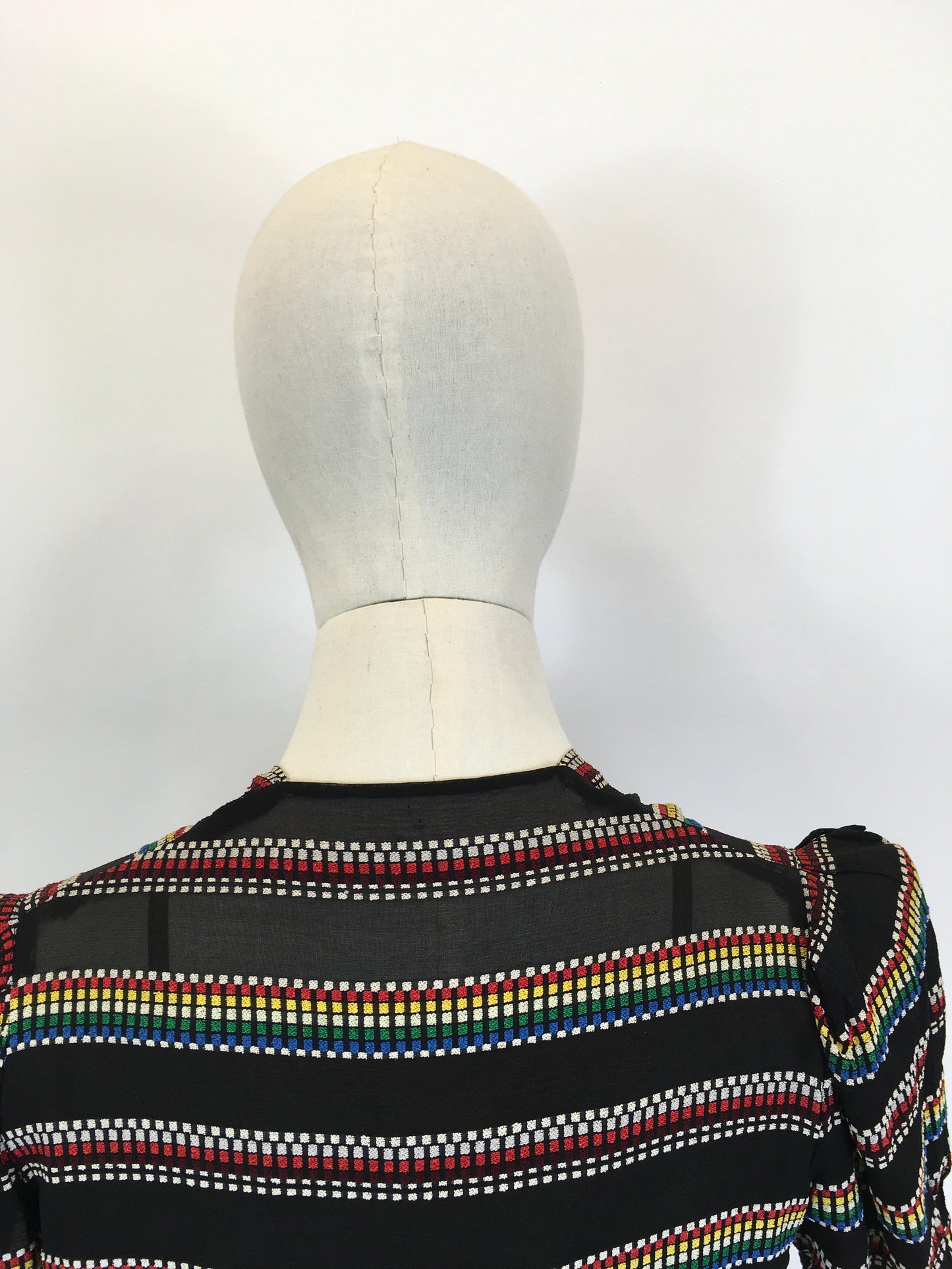 Original 1930’s Stunning Dress in a Sheer Crepe - With A Multicoloured Embroidered Weave
