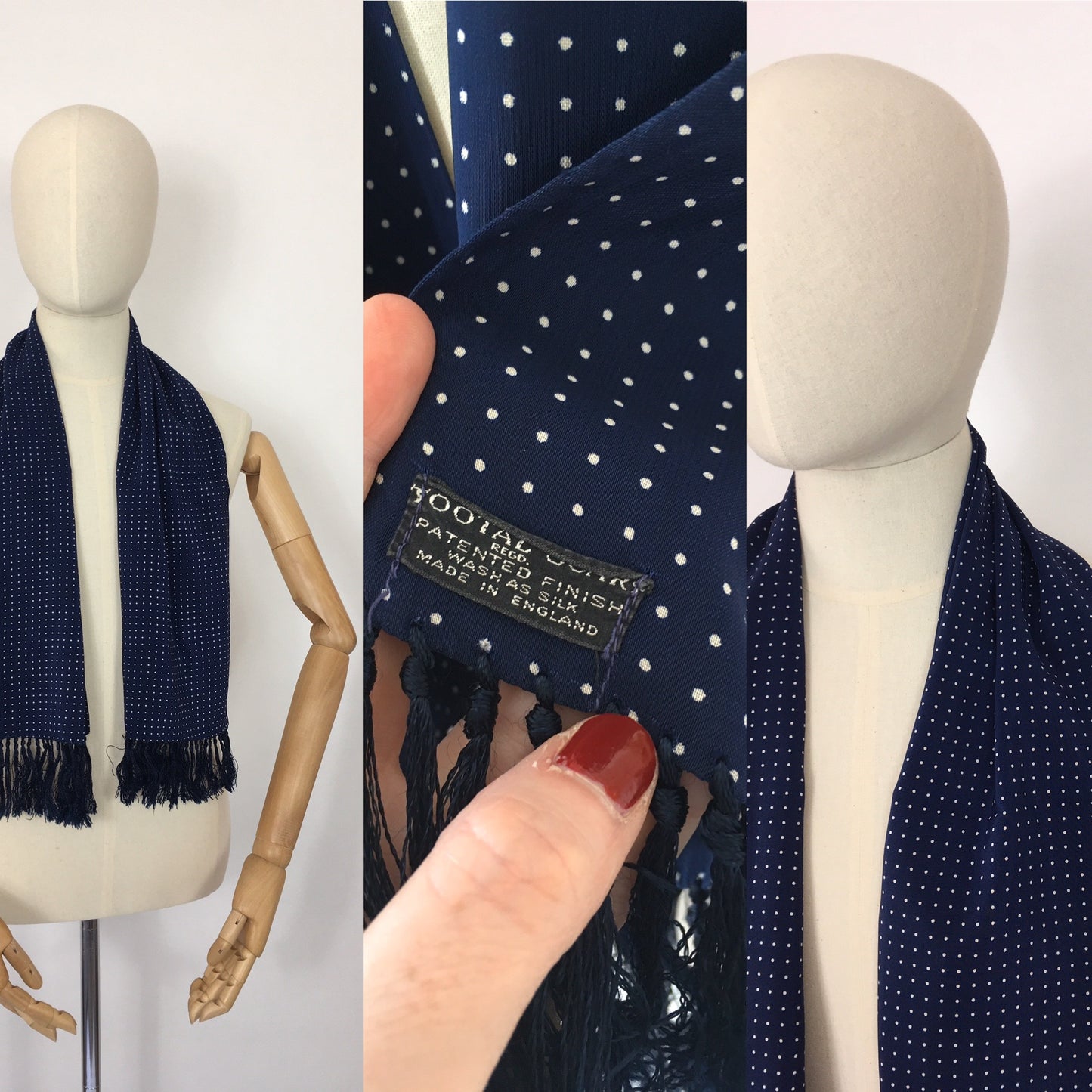 Original 1940’s Mens Scarf By ‘ Tootal ‘ - Lovely Navy and White Polka Dot Silk