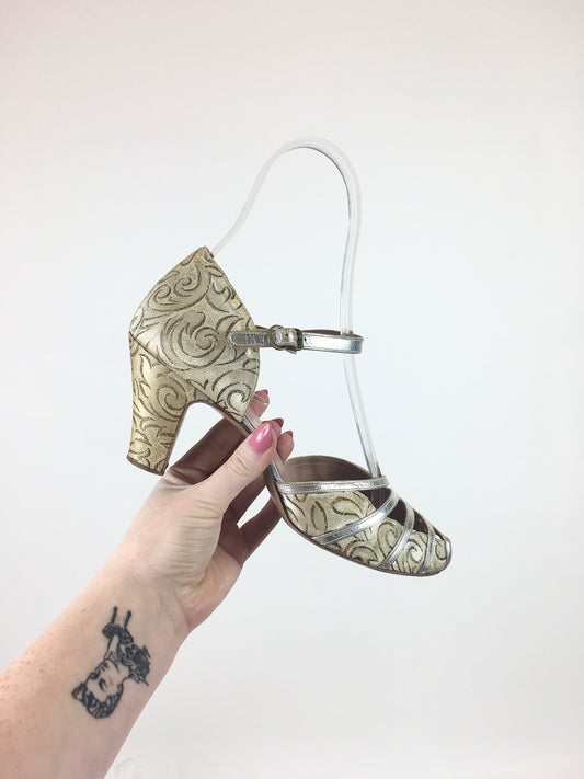 Original 1940's Evening / Dance Heels - In A Beautiful Gold Floral Brocade