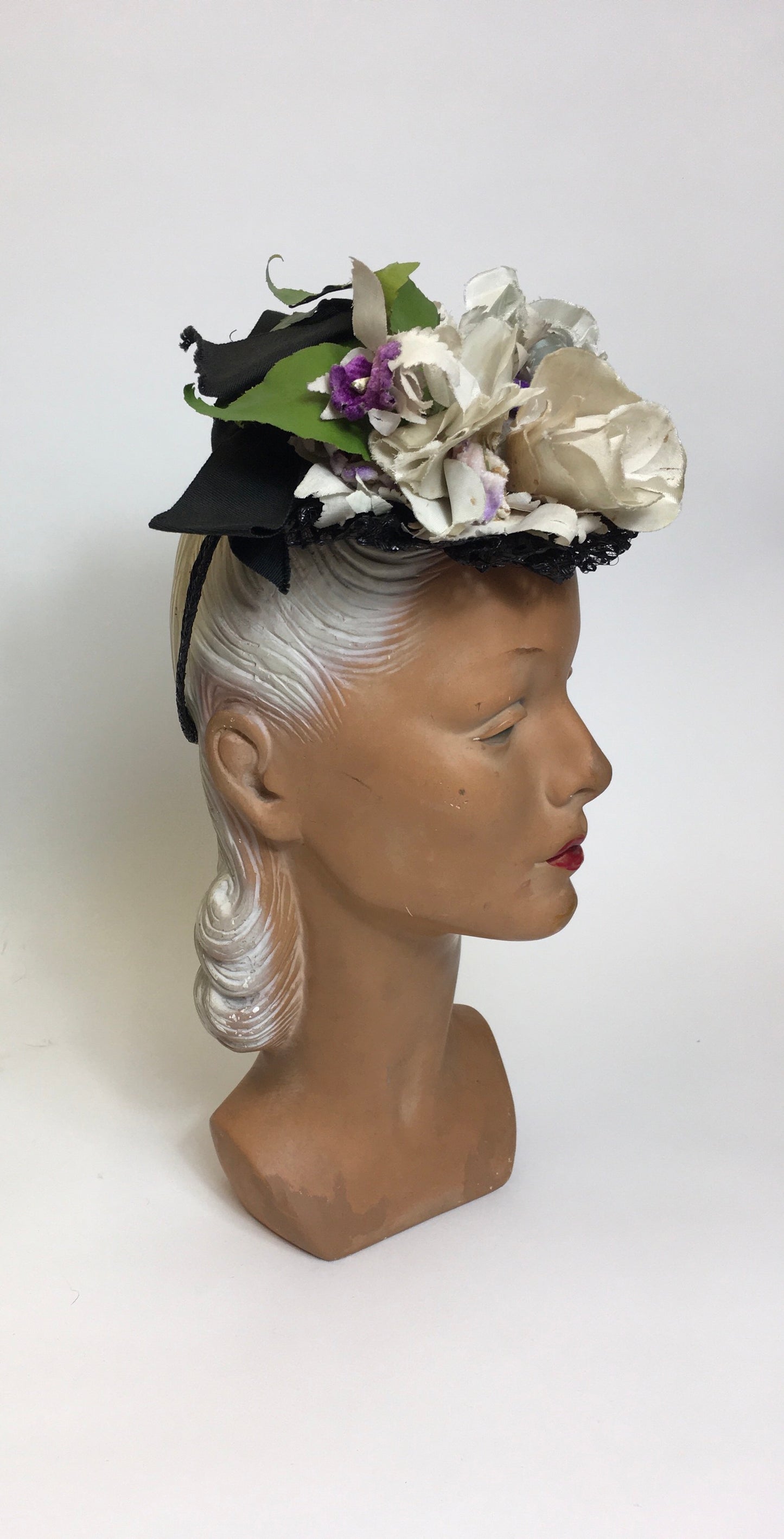 Original 1940’s Floral Tilt Hat - Beautiful Floral Adornments in Powder Blues , Purples & Ivory