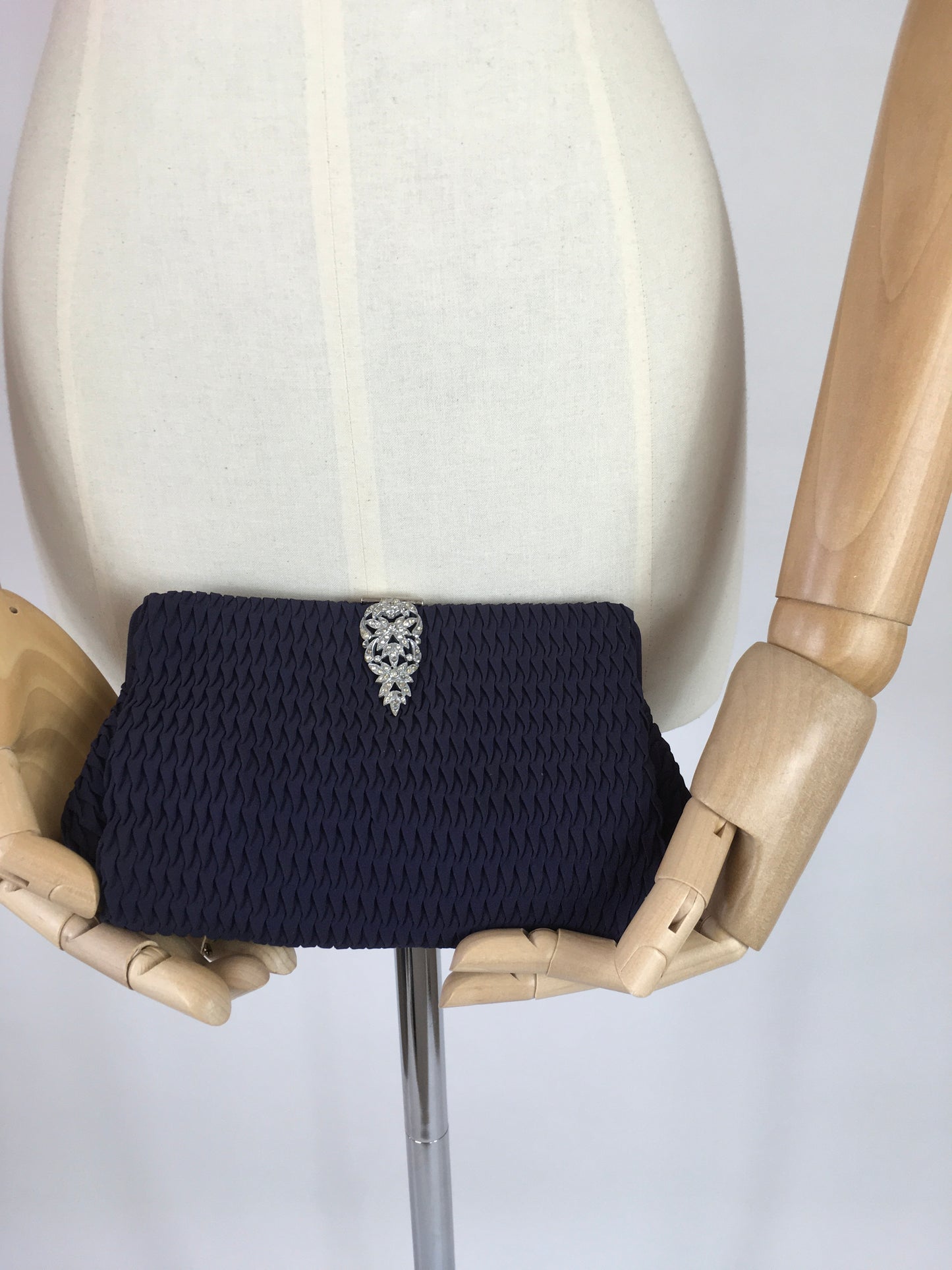 Original 1930s Midnight Blue Evening Bag - In a Pleated Crepe with Paste Clasp